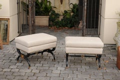 Pair of English 1900s Regency Style Ebonized Curule Stools with New Upholstery
