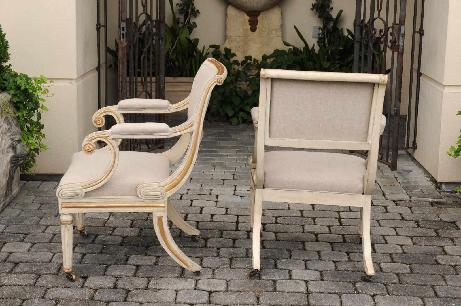 Pair of English 1900s Regency Style Painted and Parcel-Gilt Armchairs on Casters 1