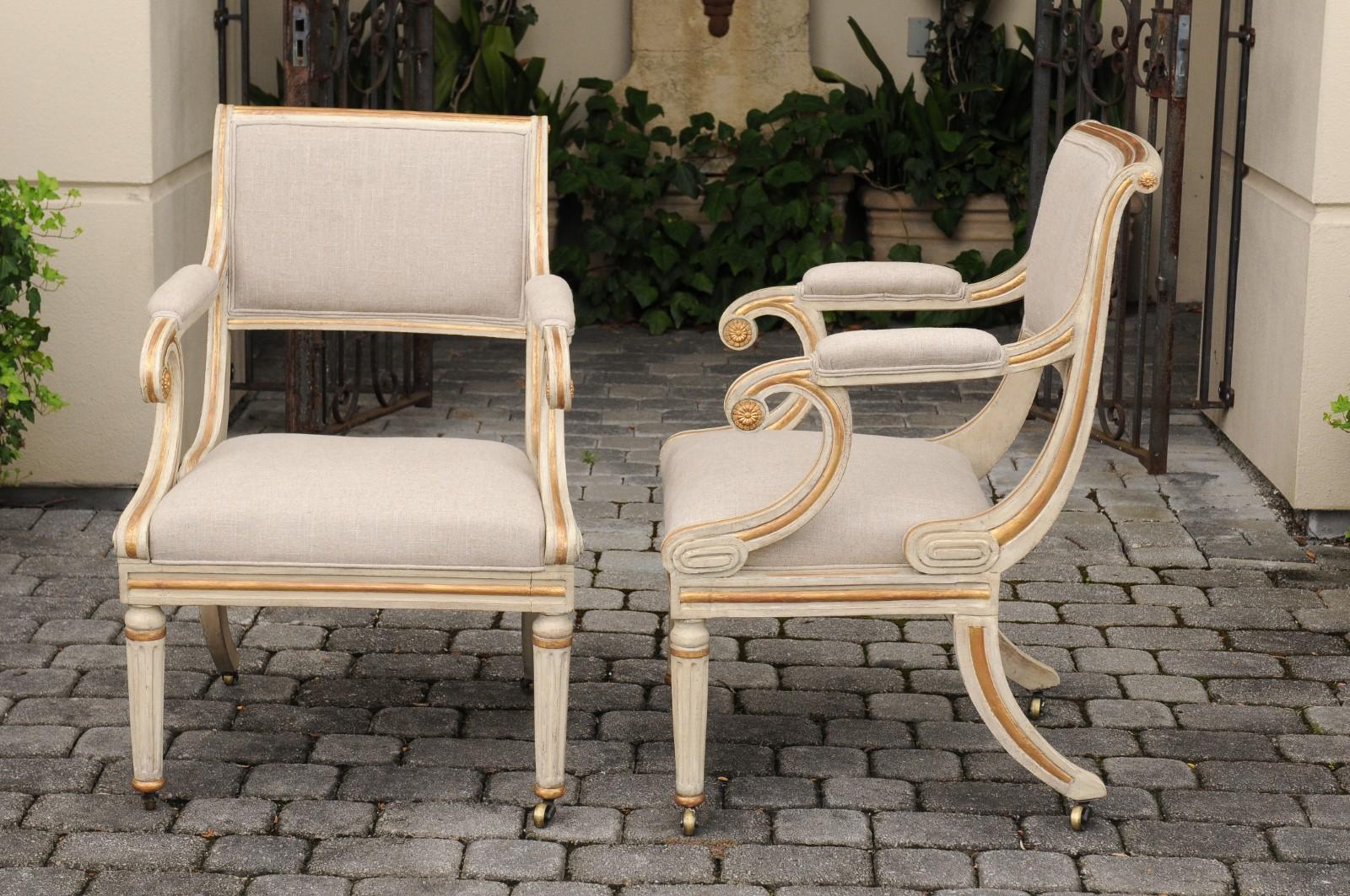 Pair of English 1900s Regency Style Painted and Parcel-Gilt Armchairs on Casters 4