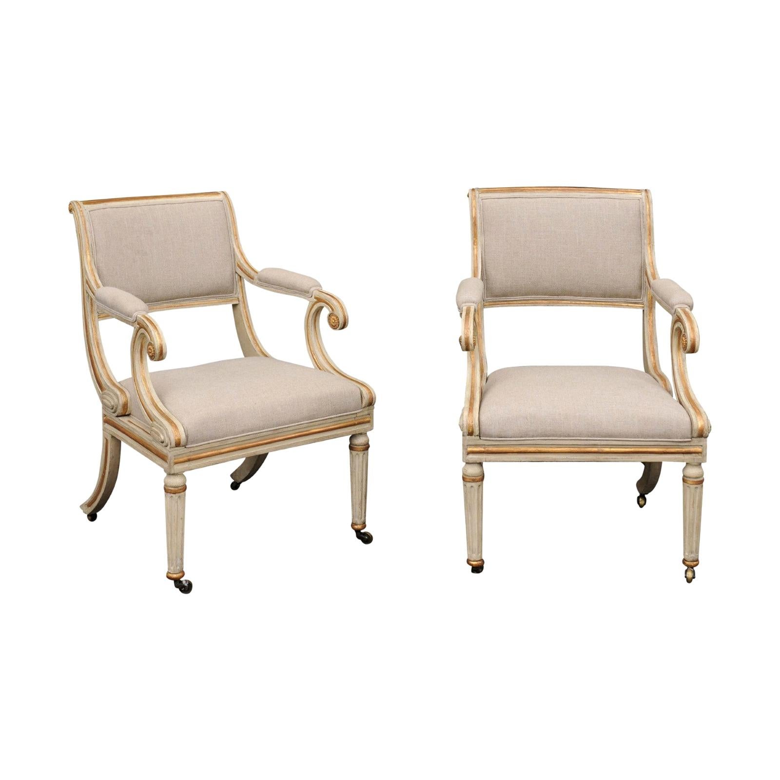 Pair of English 1900s Regency Style Painted and Parcel-Gilt Armchairs on Casters