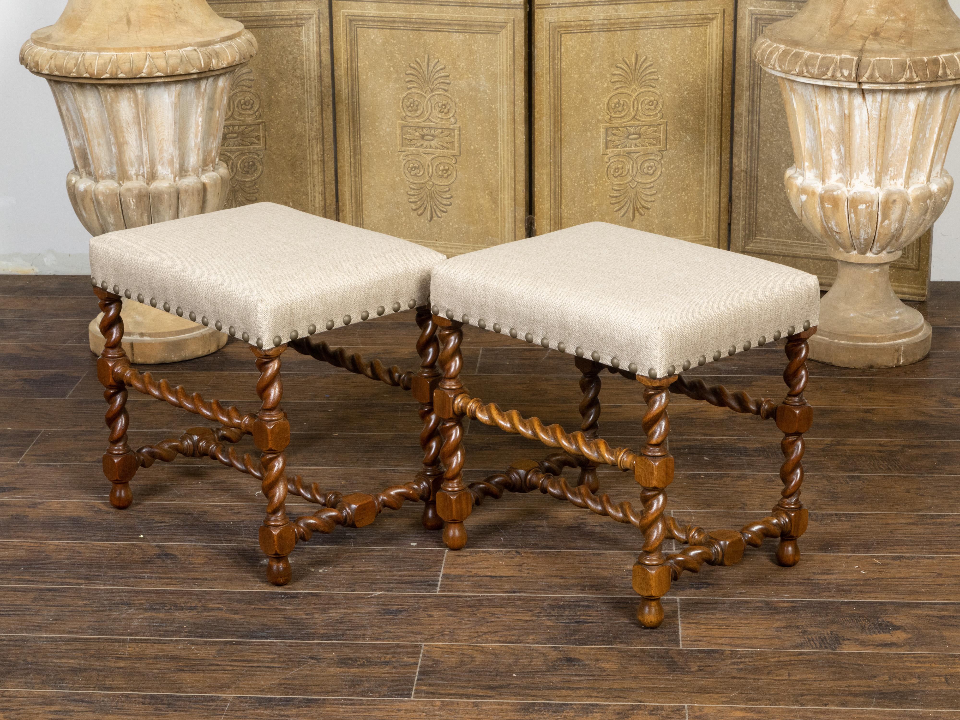 Turned Pair of English 1920s Barley Twist Oak Stools with Linen Upholstery and Nailhead