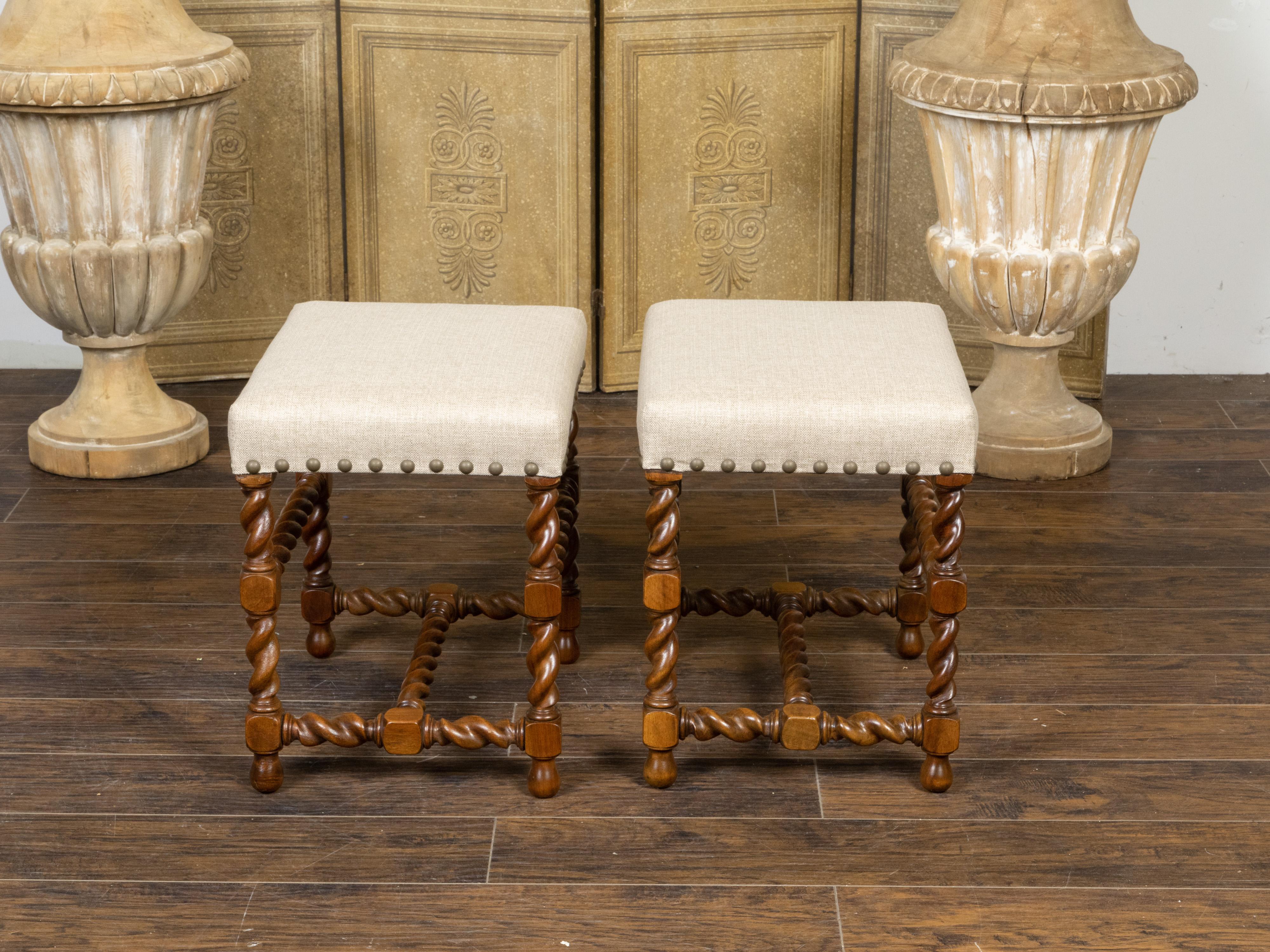 Pair of English 1920s Barley Twist Oak Stools with Linen Upholstery and Nailhead In Good Condition In Atlanta, GA