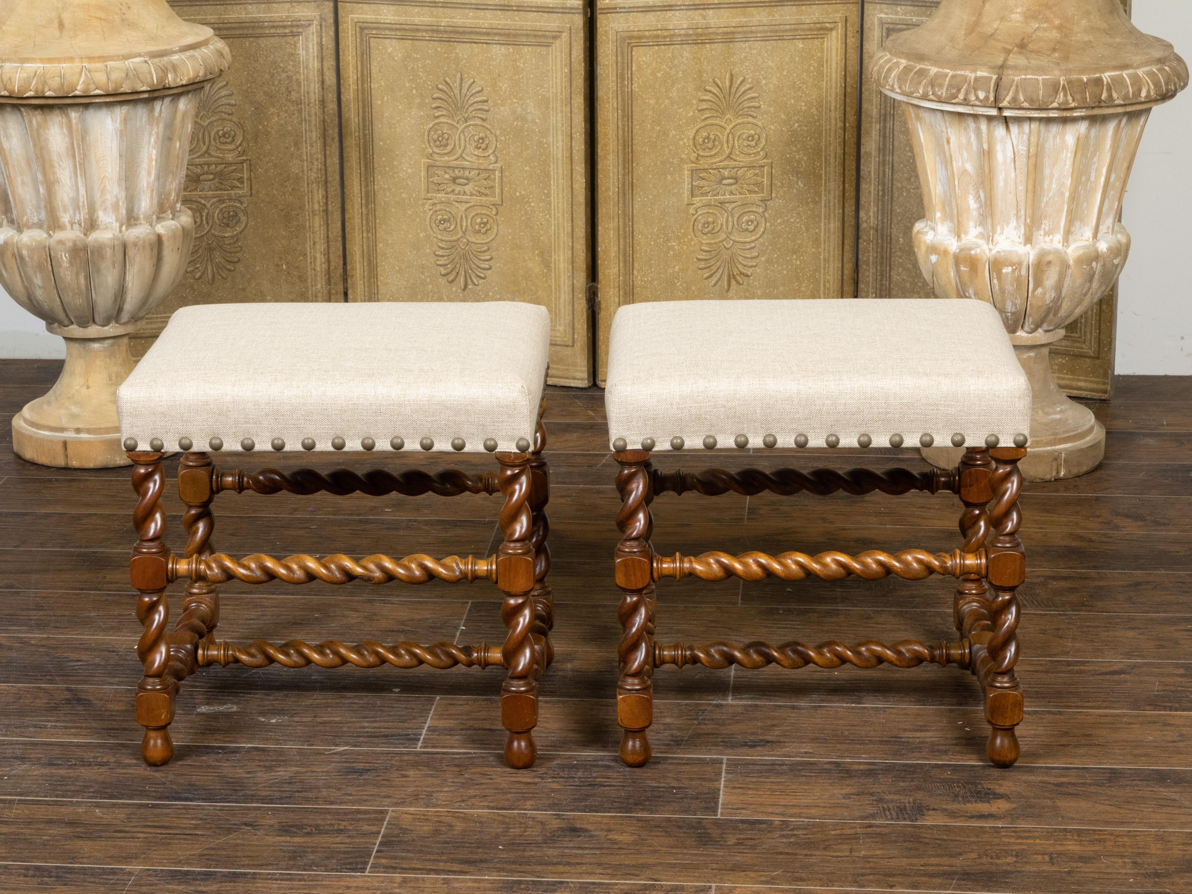 20th Century Pair of English 1920s Barley Twist Oak Stools with Linen Upholstery and Nailhead