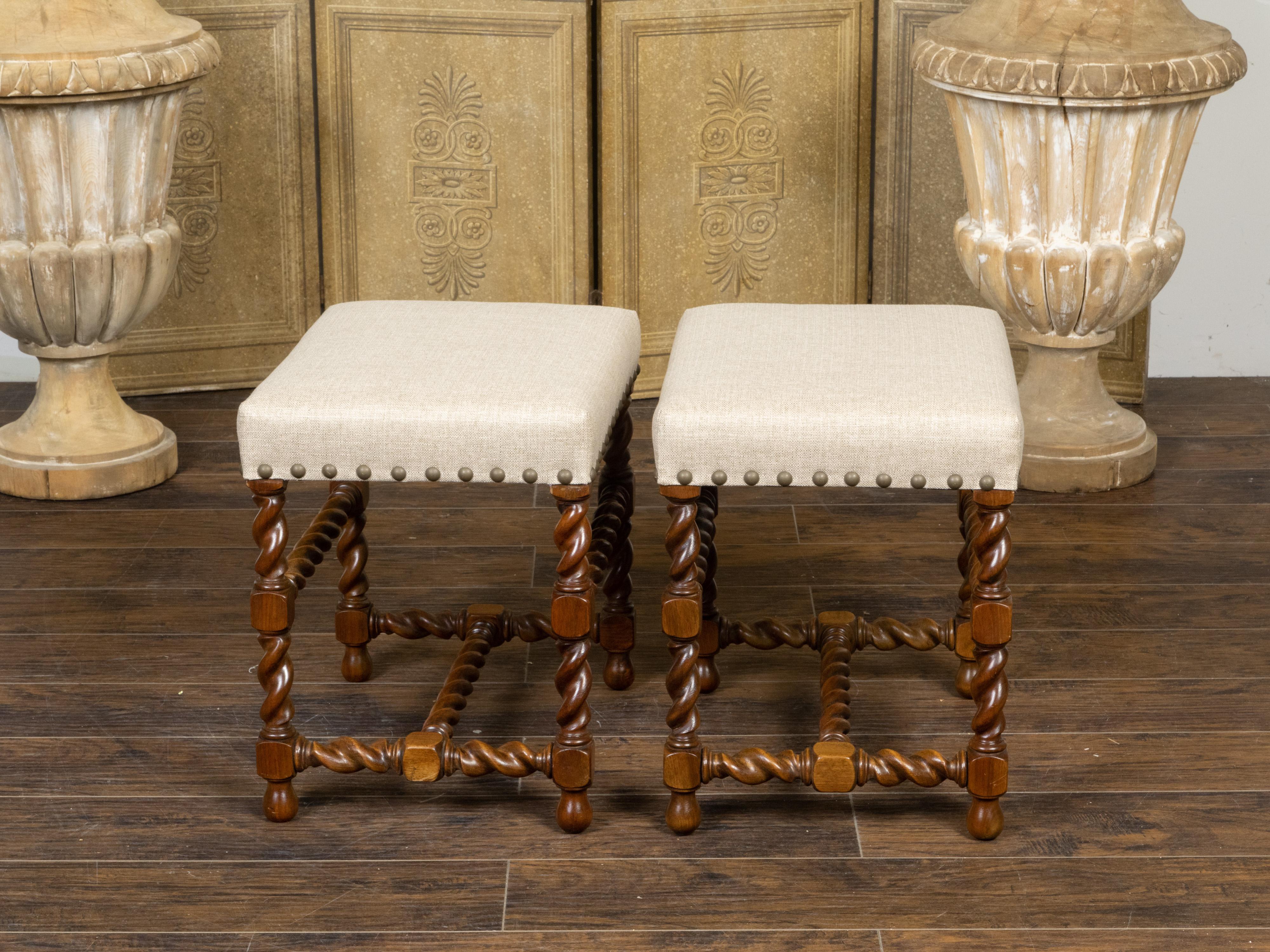 Brass Pair of English 1920s Barley Twist Oak Stools with Linen Upholstery and Nailhead