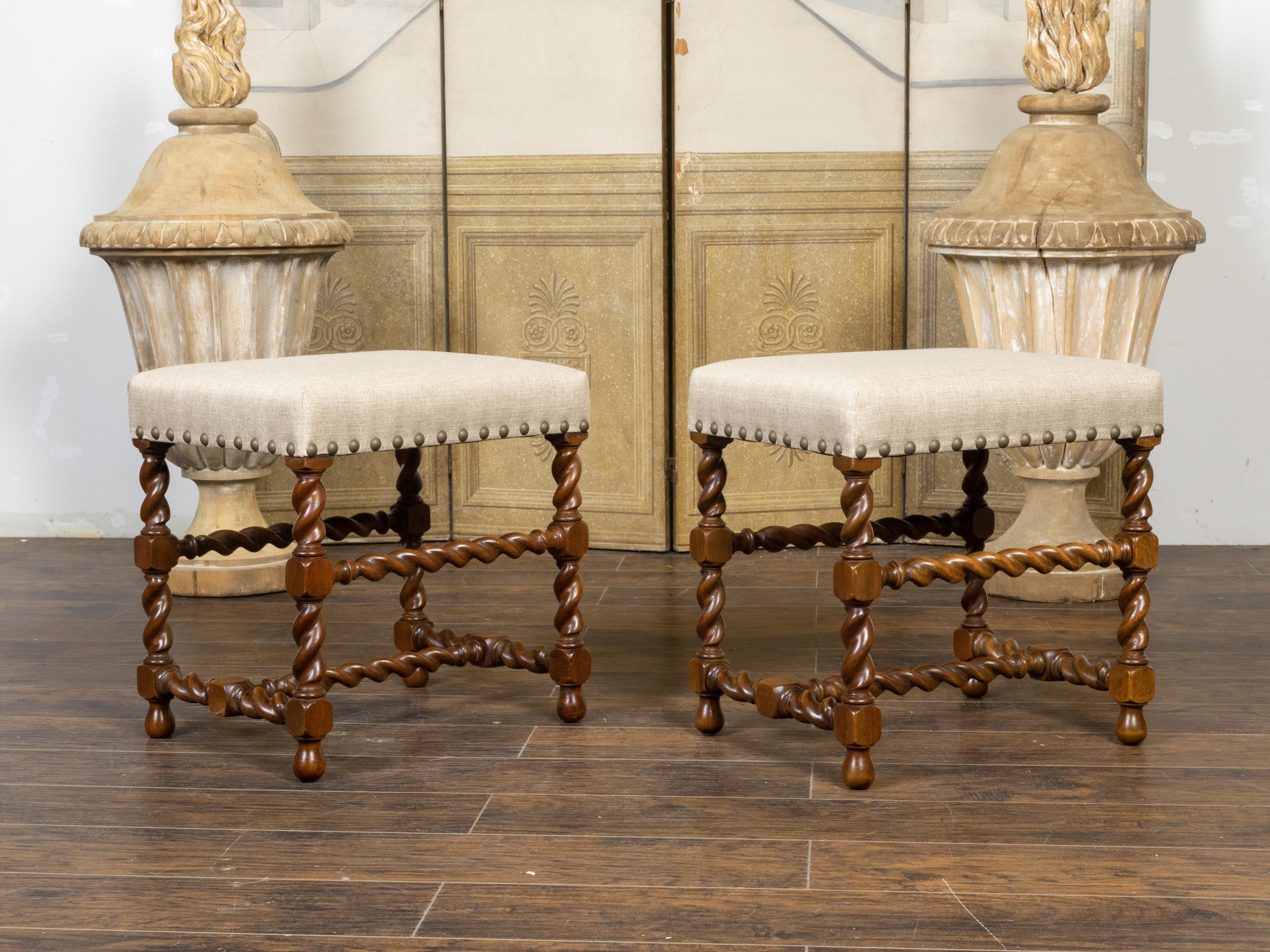 Pair of English 1920s Barley Twist Oak Stools with Linen Upholstery and Nailhead 1
