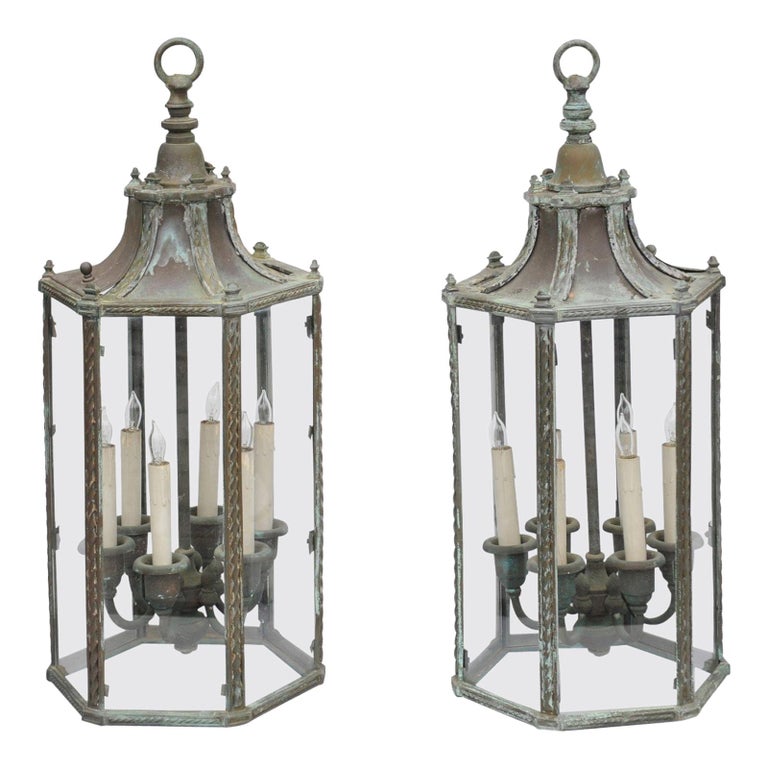 Pair of English 1920s Bronze, Copper and Glass SixLight Hexagonal