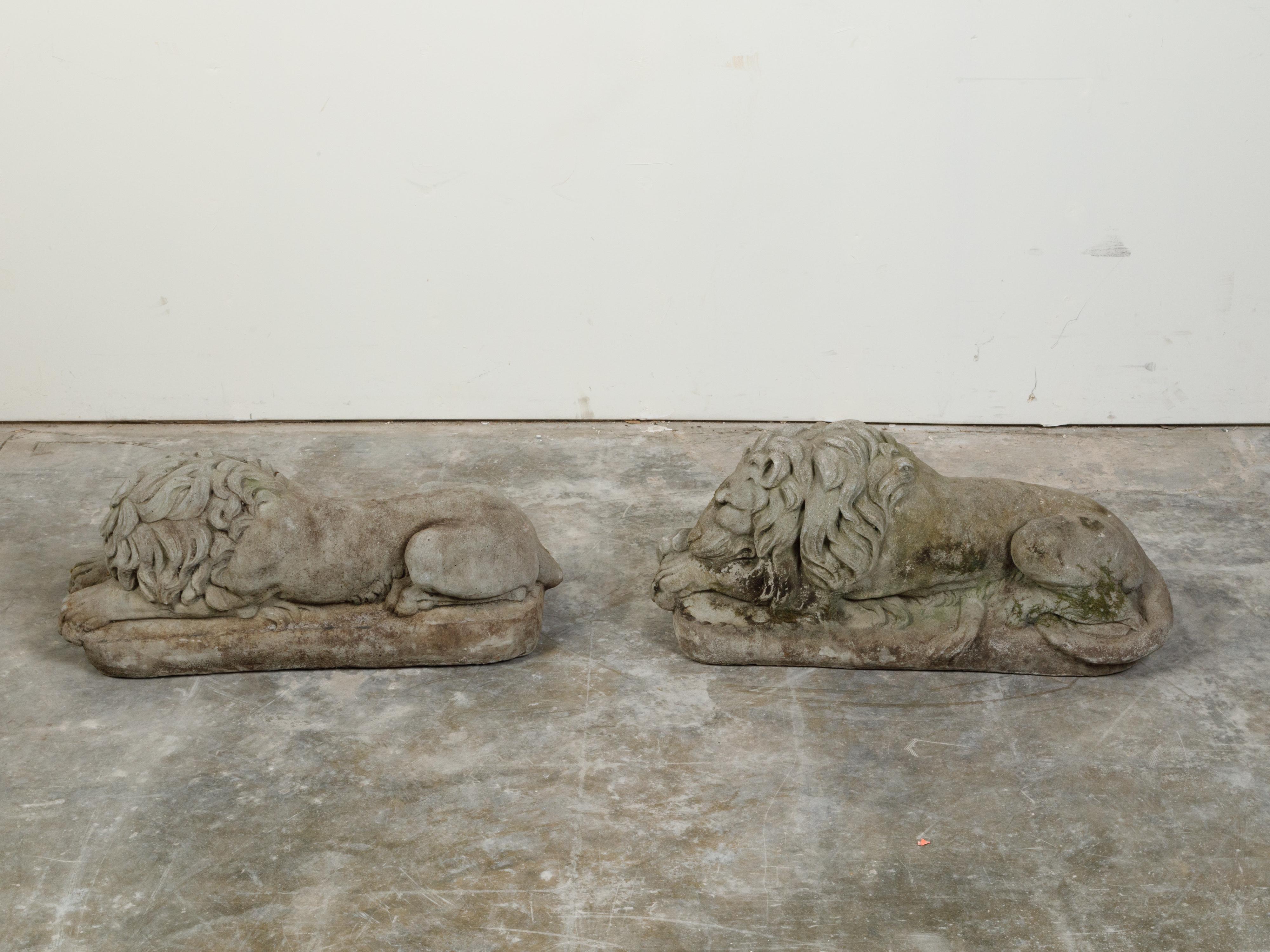 Pair of English 1920s Cast Stone Reclining Lion Sculptures on Conforming Bases For Sale 2