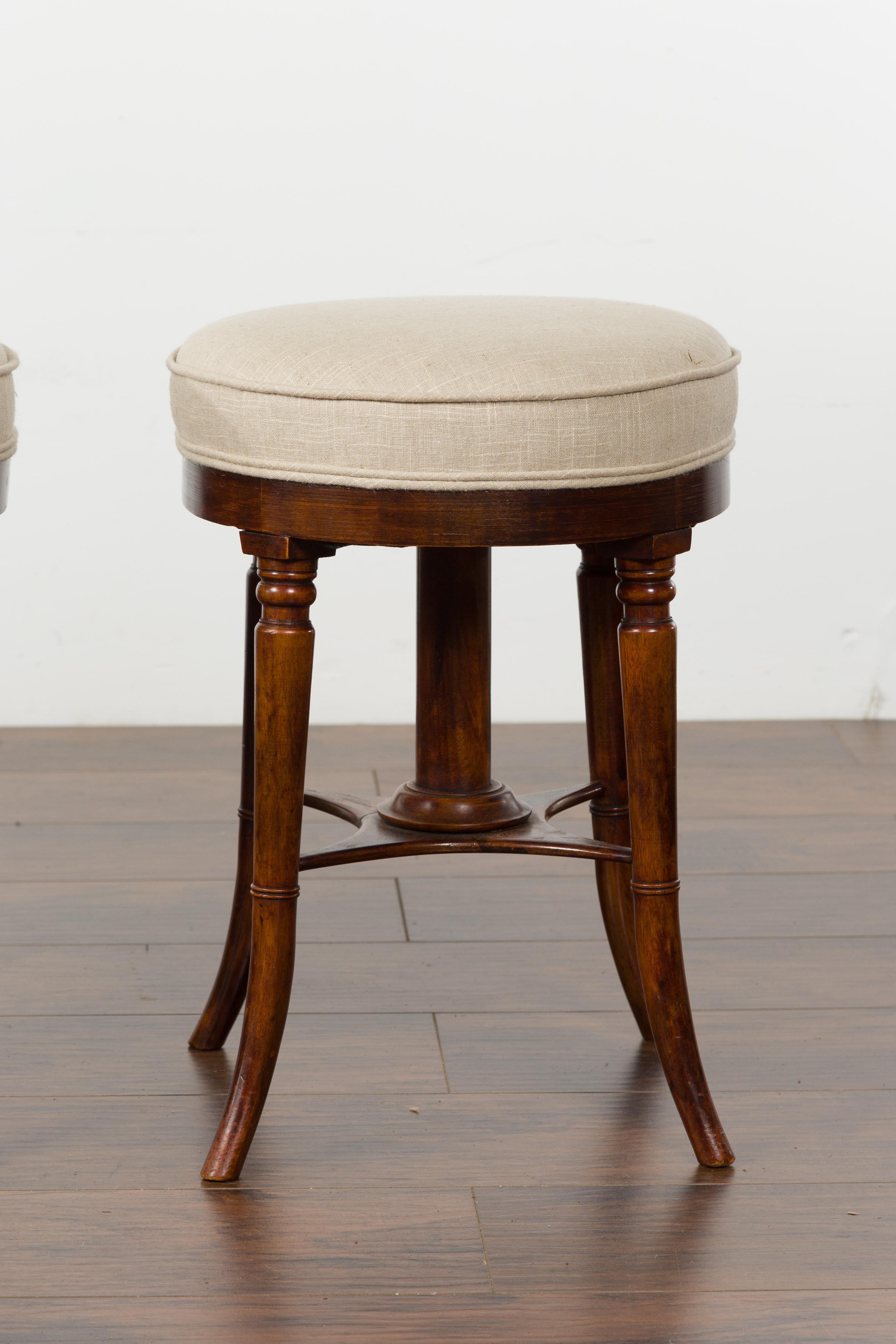 Pair of English 1920s Mahogany Stools with Turned Legs and New Upholstery In Good Condition For Sale In Atlanta, GA