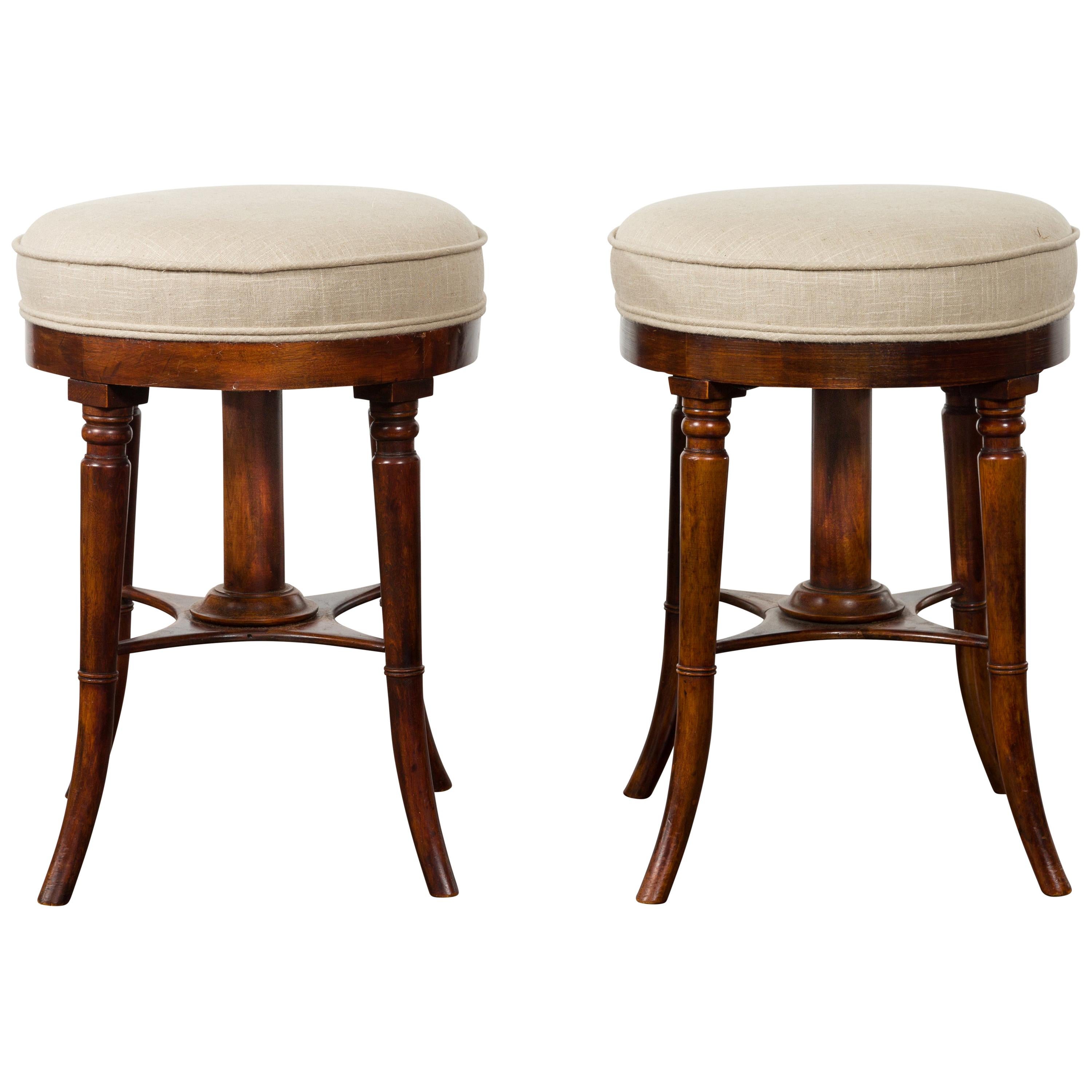 Pair of English 1920s Mahogany Stools with Turned Legs and New Upholstery For Sale