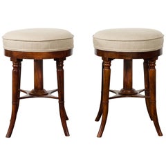Antique Pair of English 1920s Mahogany Stools with Turned Legs and New Upholstery
