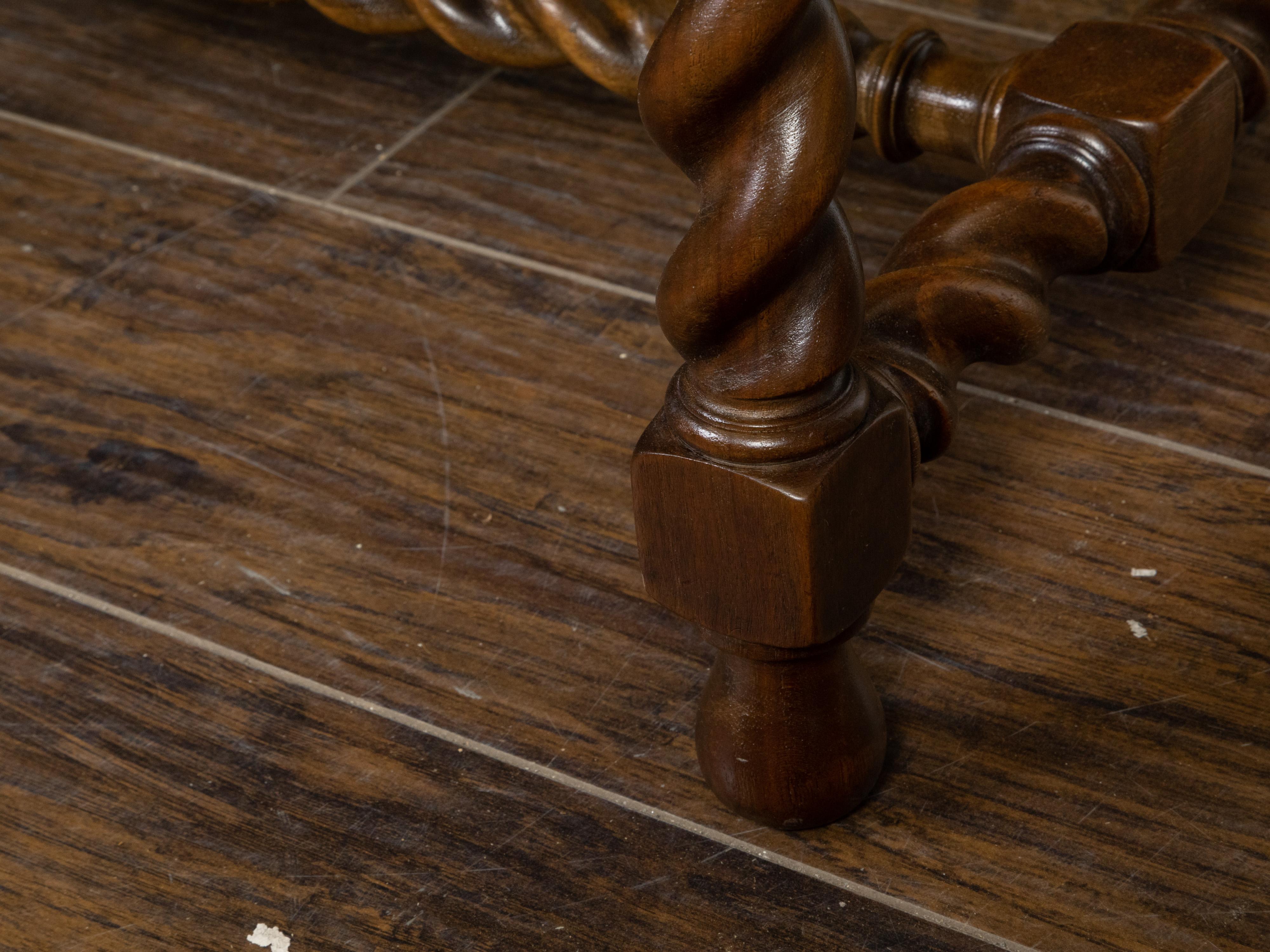 Pair of English 1920s Oak Barley Twist Stools with New Linen Upholstery 5