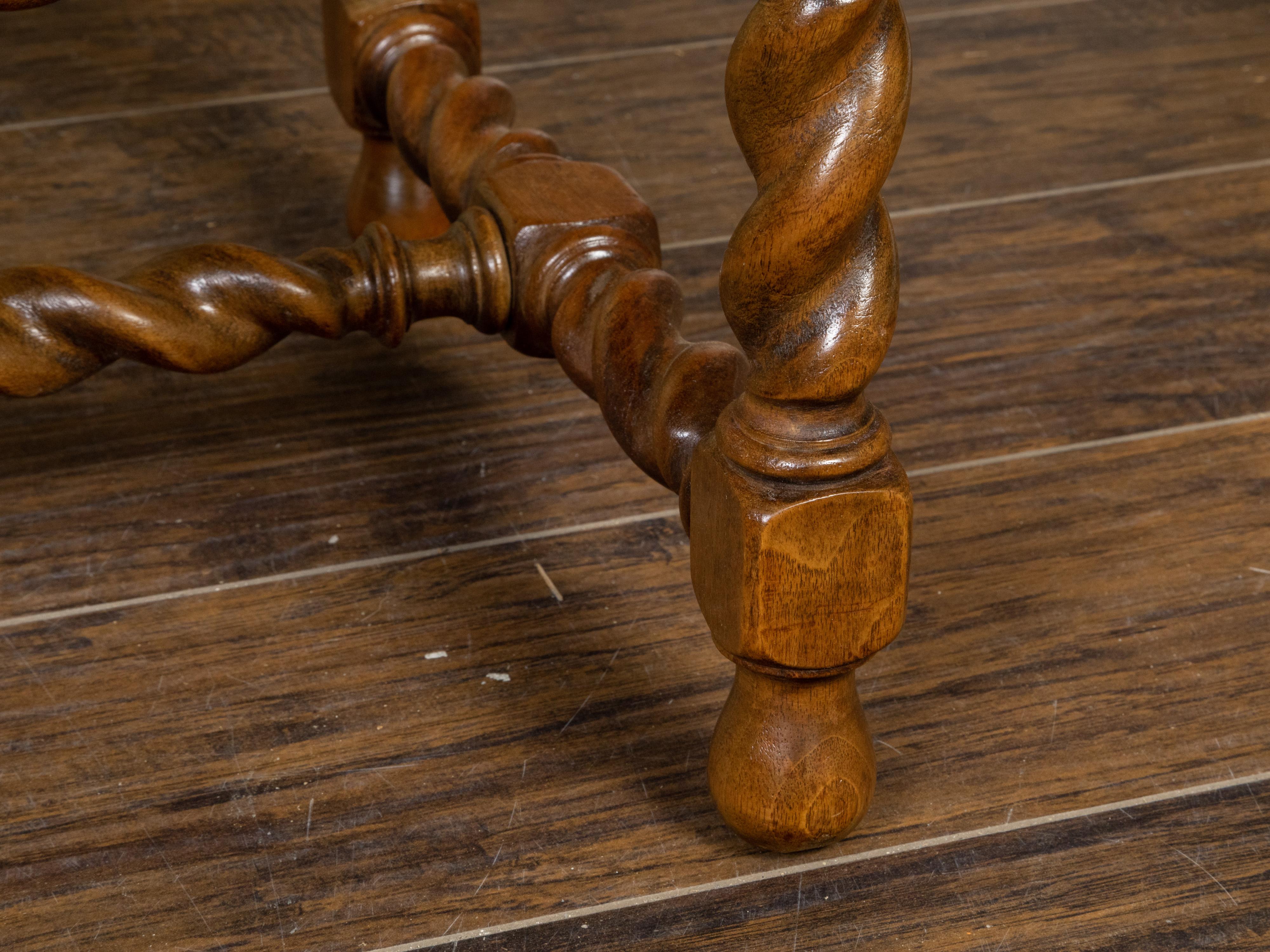 Pair of English 1920s Oak Barley Twist Stools with New Linen Upholstery 4