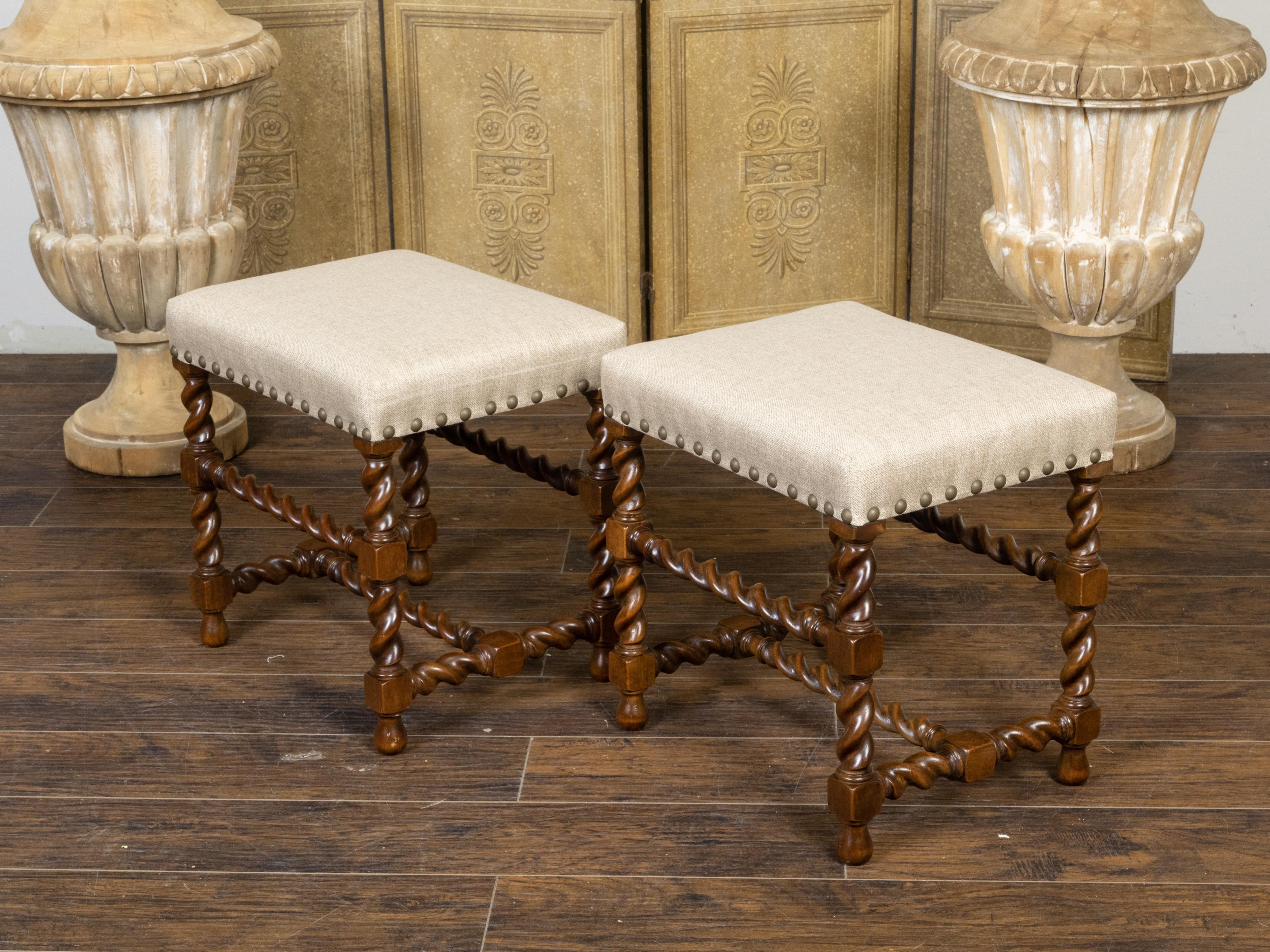 Turned Pair of English 1920s Oak Barley Twist Stools with New Linen Upholstery