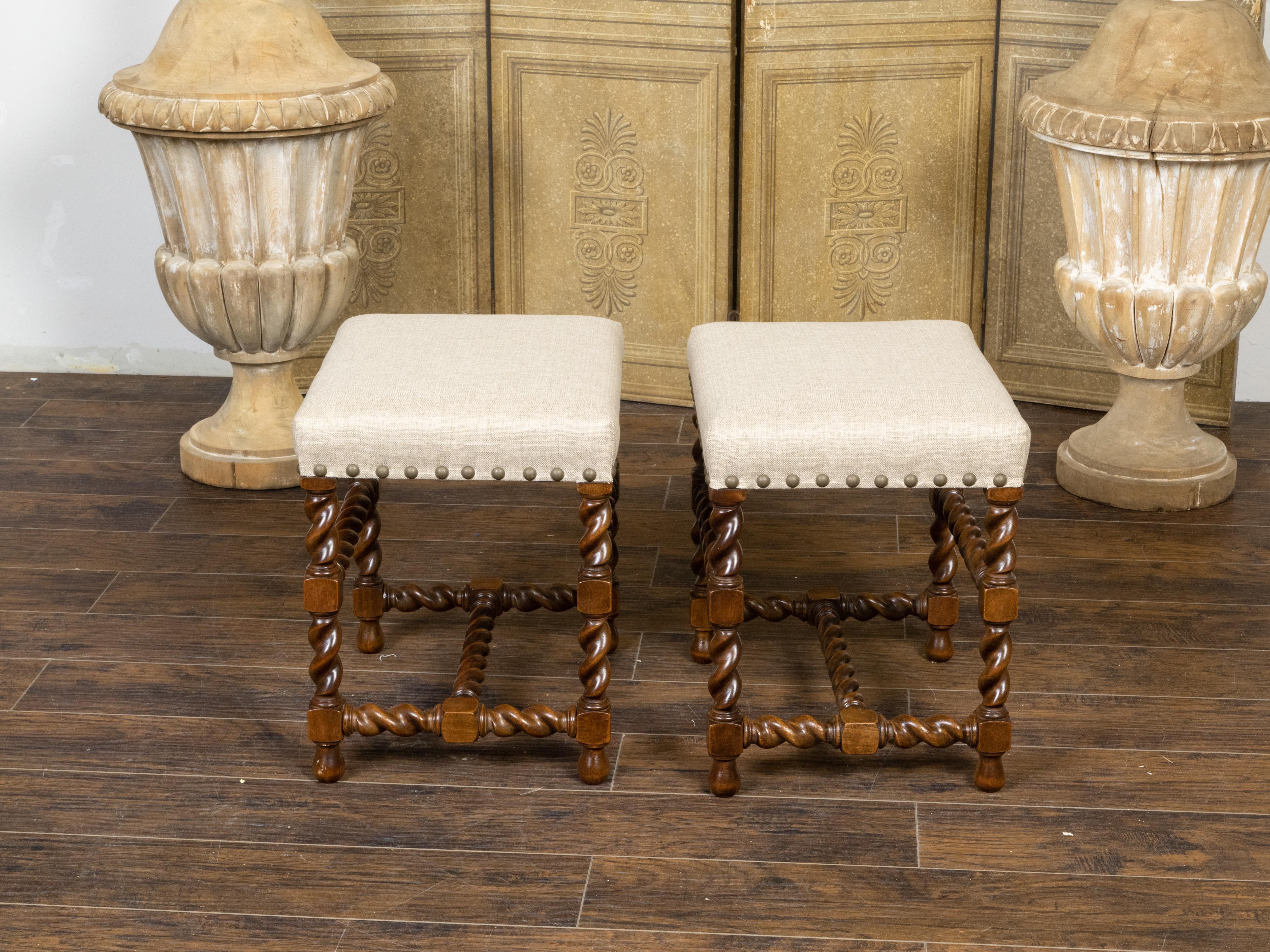 Pair of English 1920s Oak Barley Twist Stools with New Linen Upholstery In Good Condition In Atlanta, GA