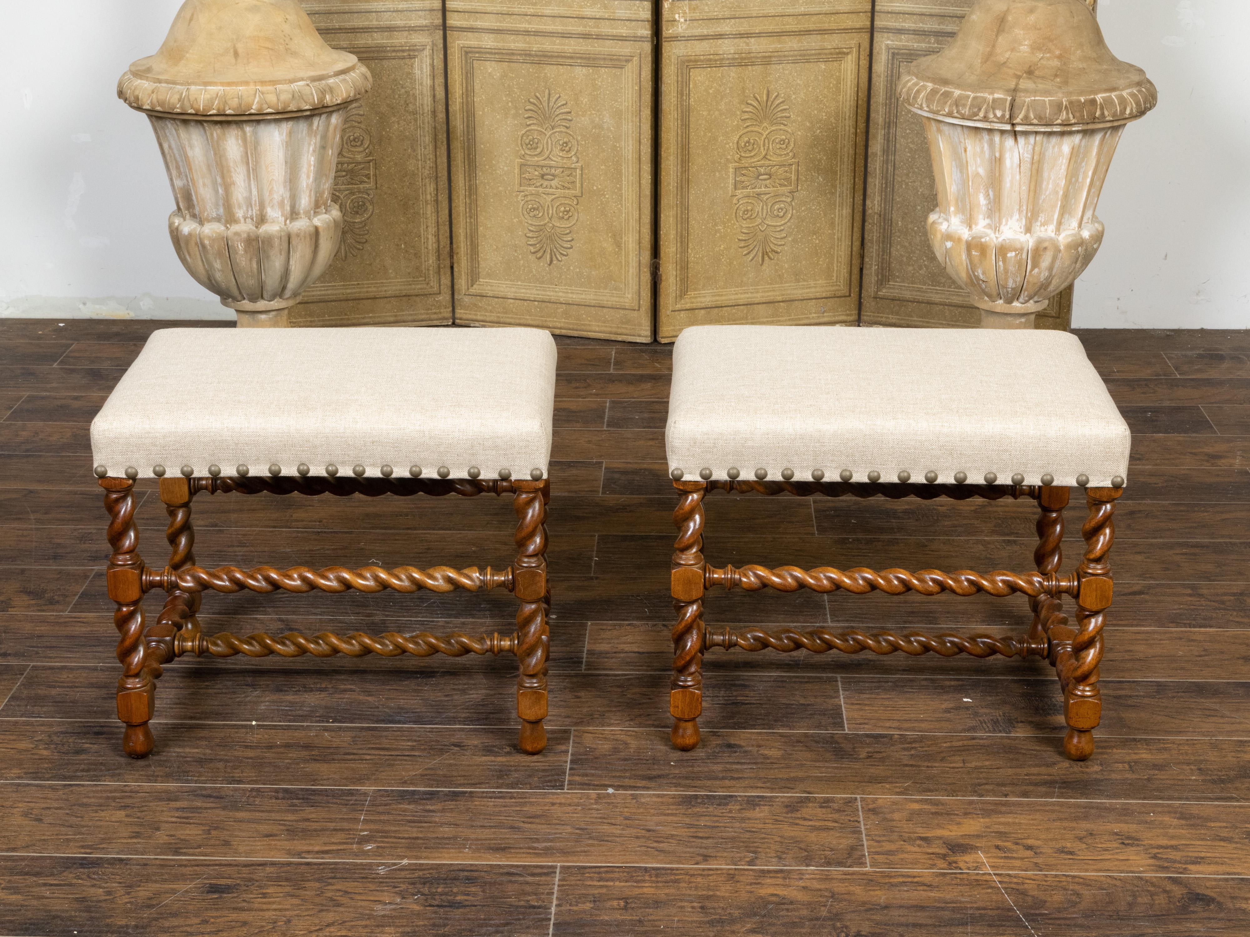Turned Pair of English 1920s Oak Barley Twist Stools with New Linen Upholstery
