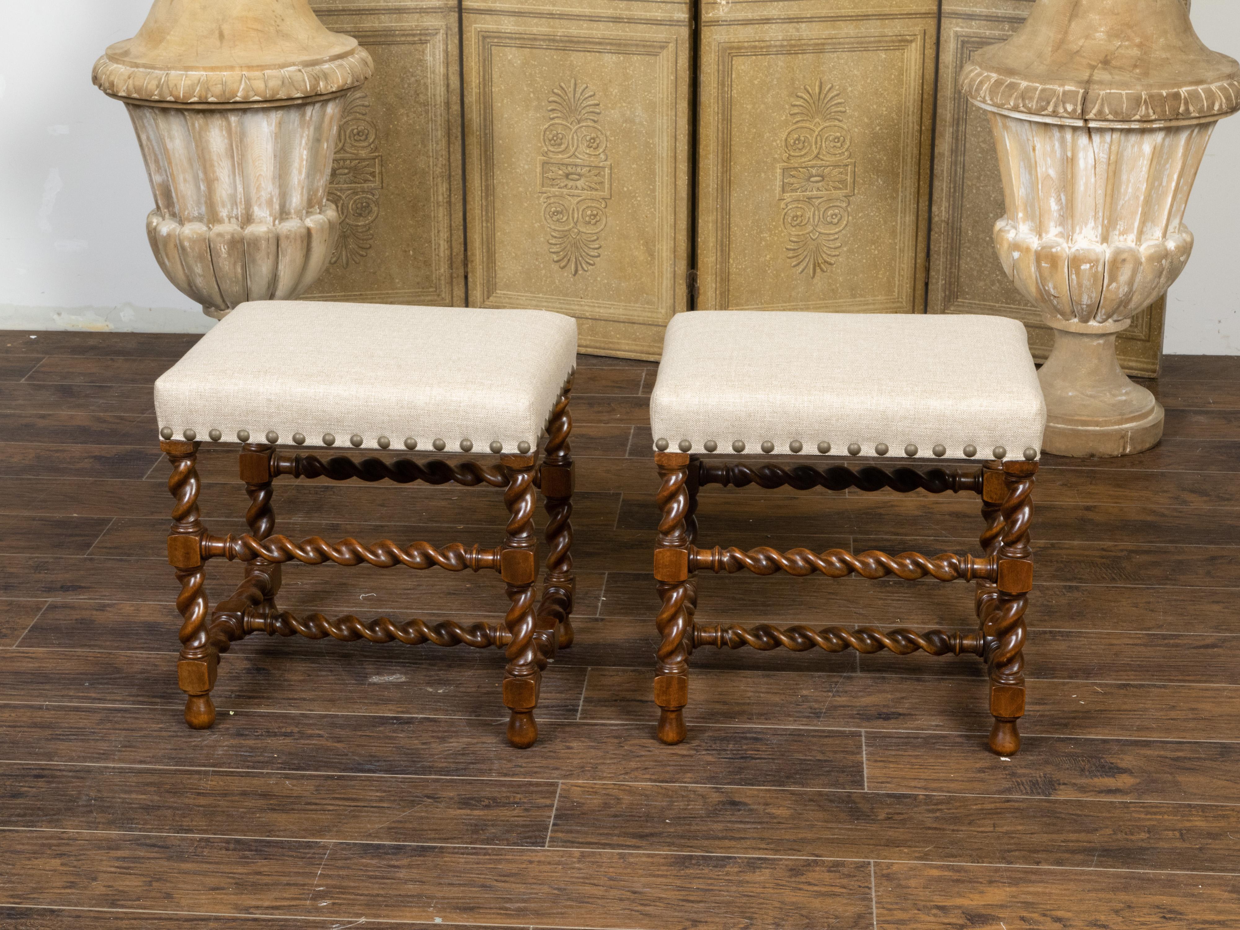 20th Century Pair of English 1920s Oak Barley Twist Stools with New Linen Upholstery