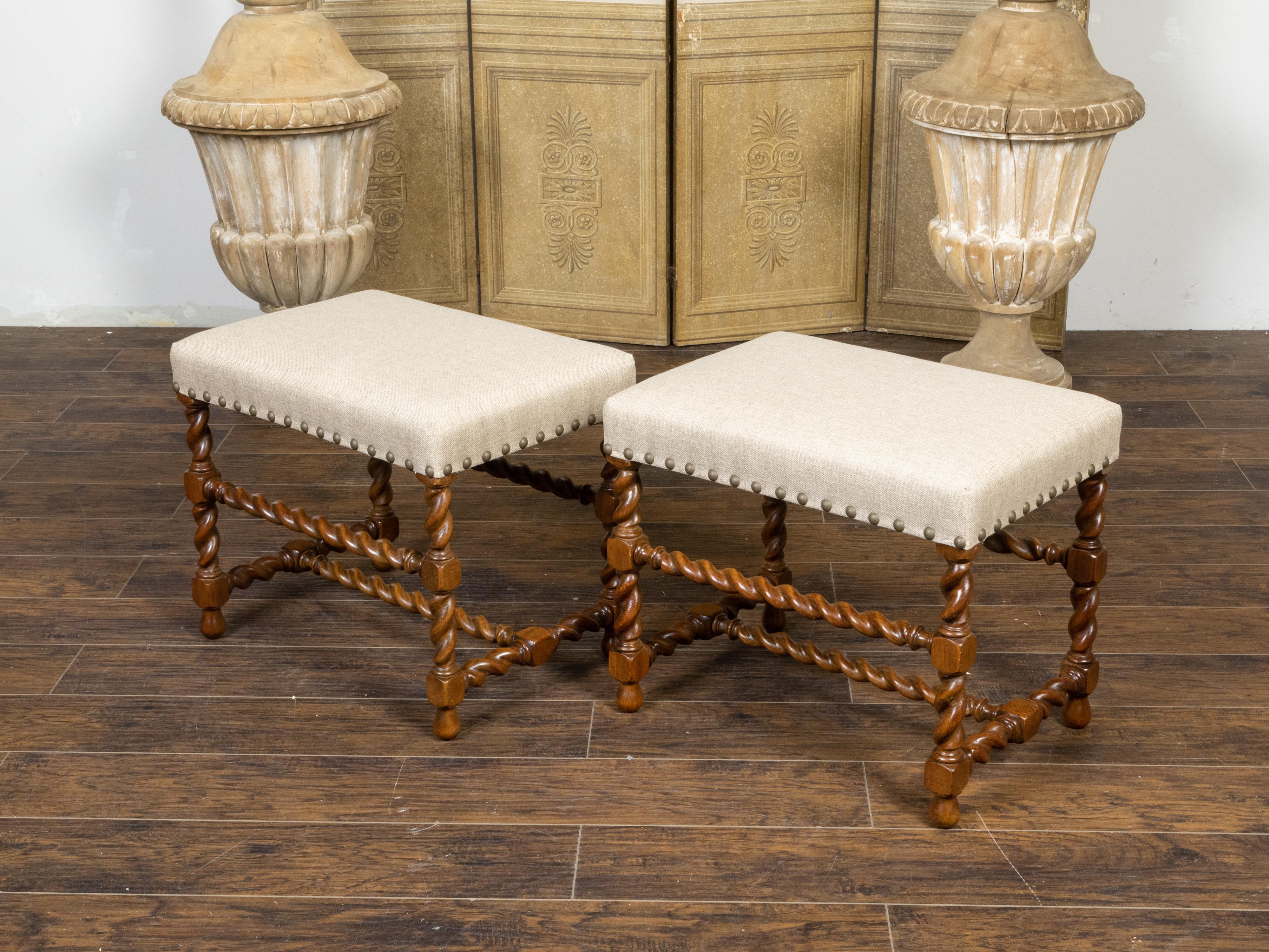 Pair of English 1920s Oak Barley Twist Stools with New Linen Upholstery In Good Condition In Atlanta, GA