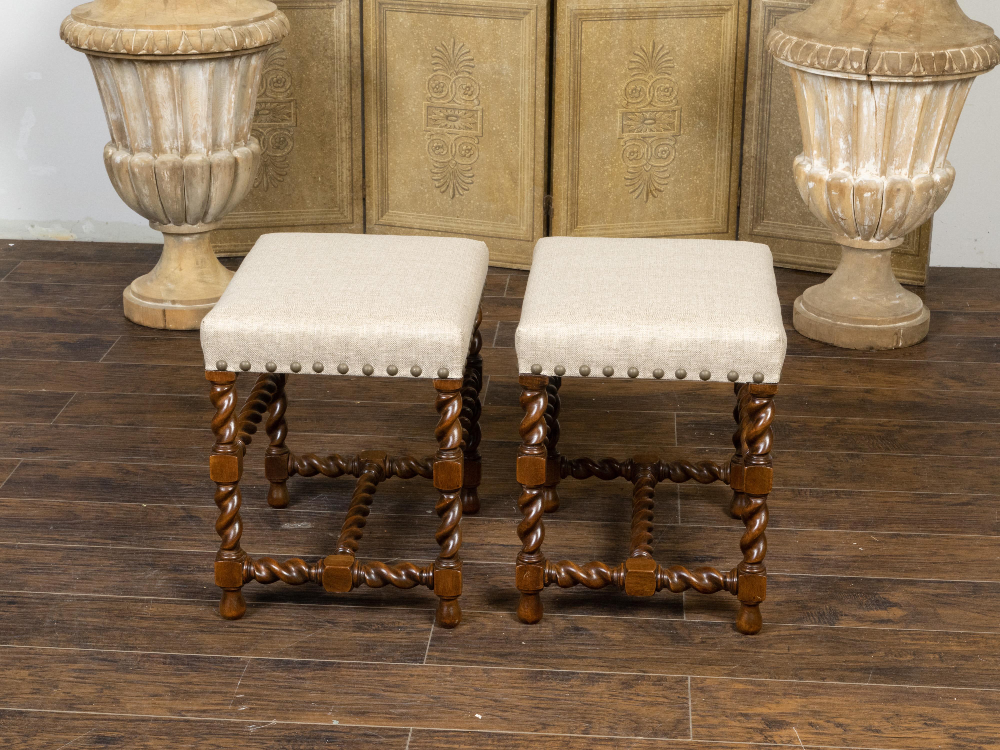 Pair of English 1920s Oak Barley Twist Stools with New Linen Upholstery 1