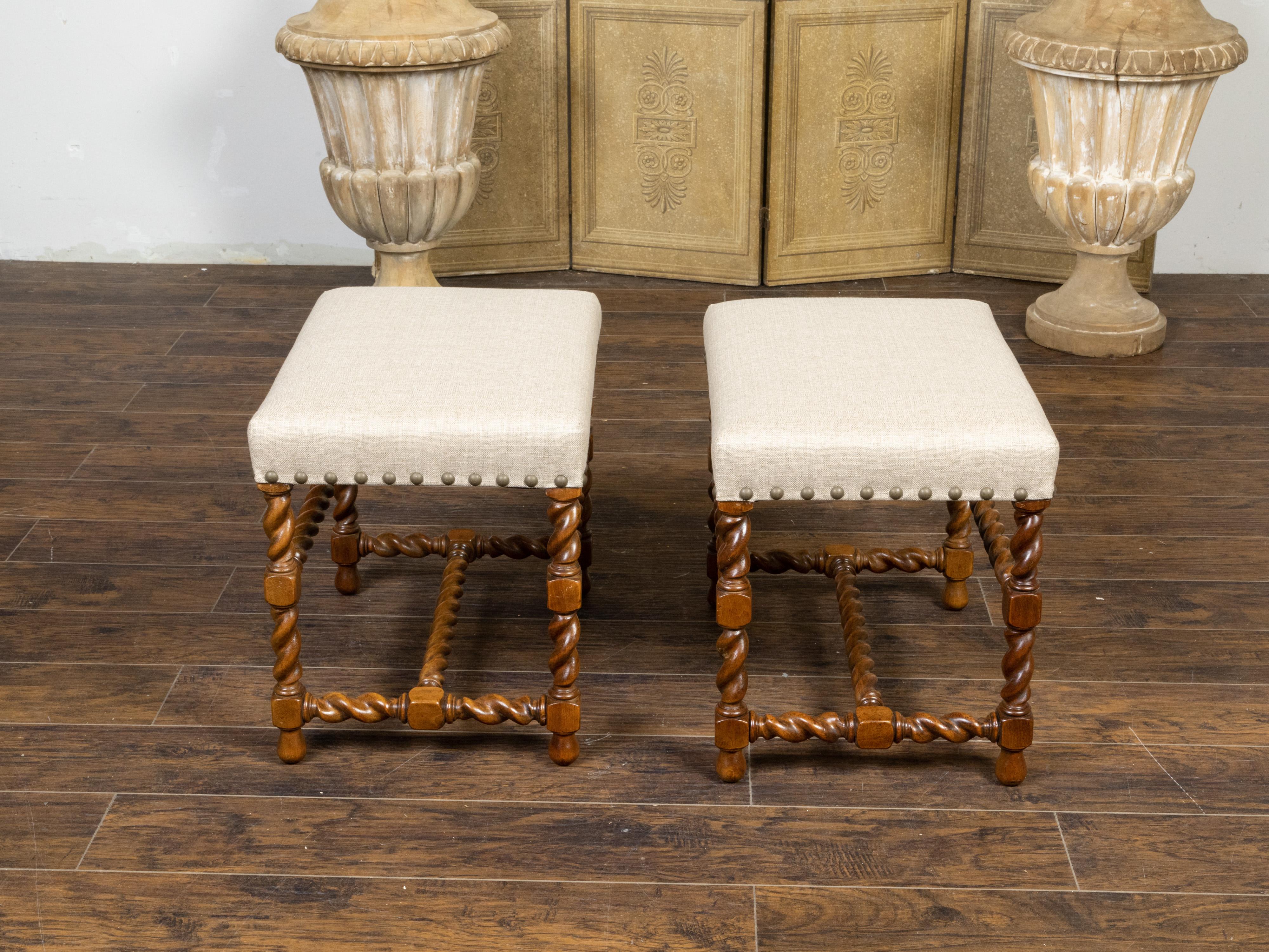 20th Century Pair of English 1920s Oak Barley Twist Stools with New Linen Upholstery