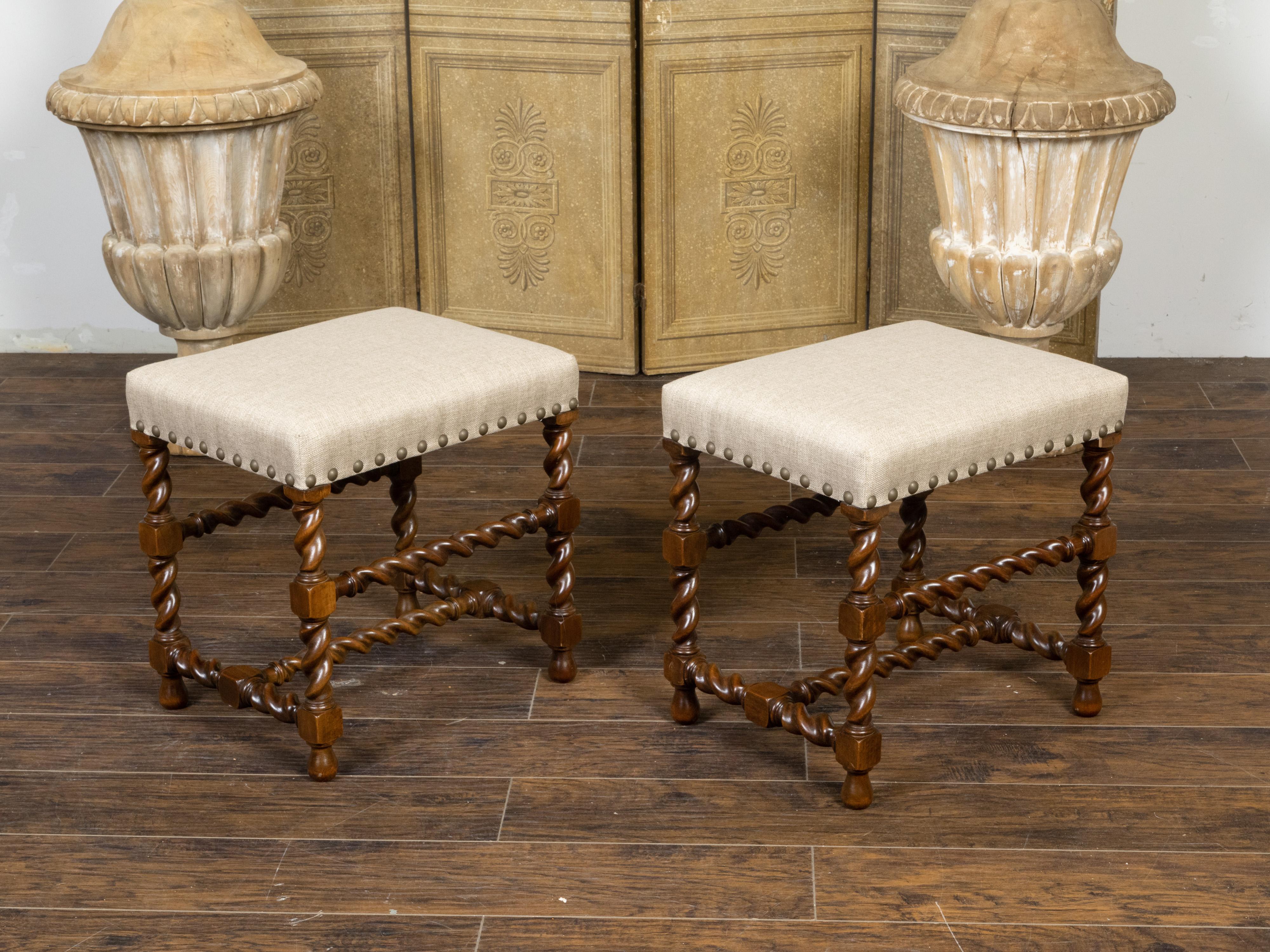 Pair of English 1920s Oak Barley Twist Stools with New Linen Upholstery 2