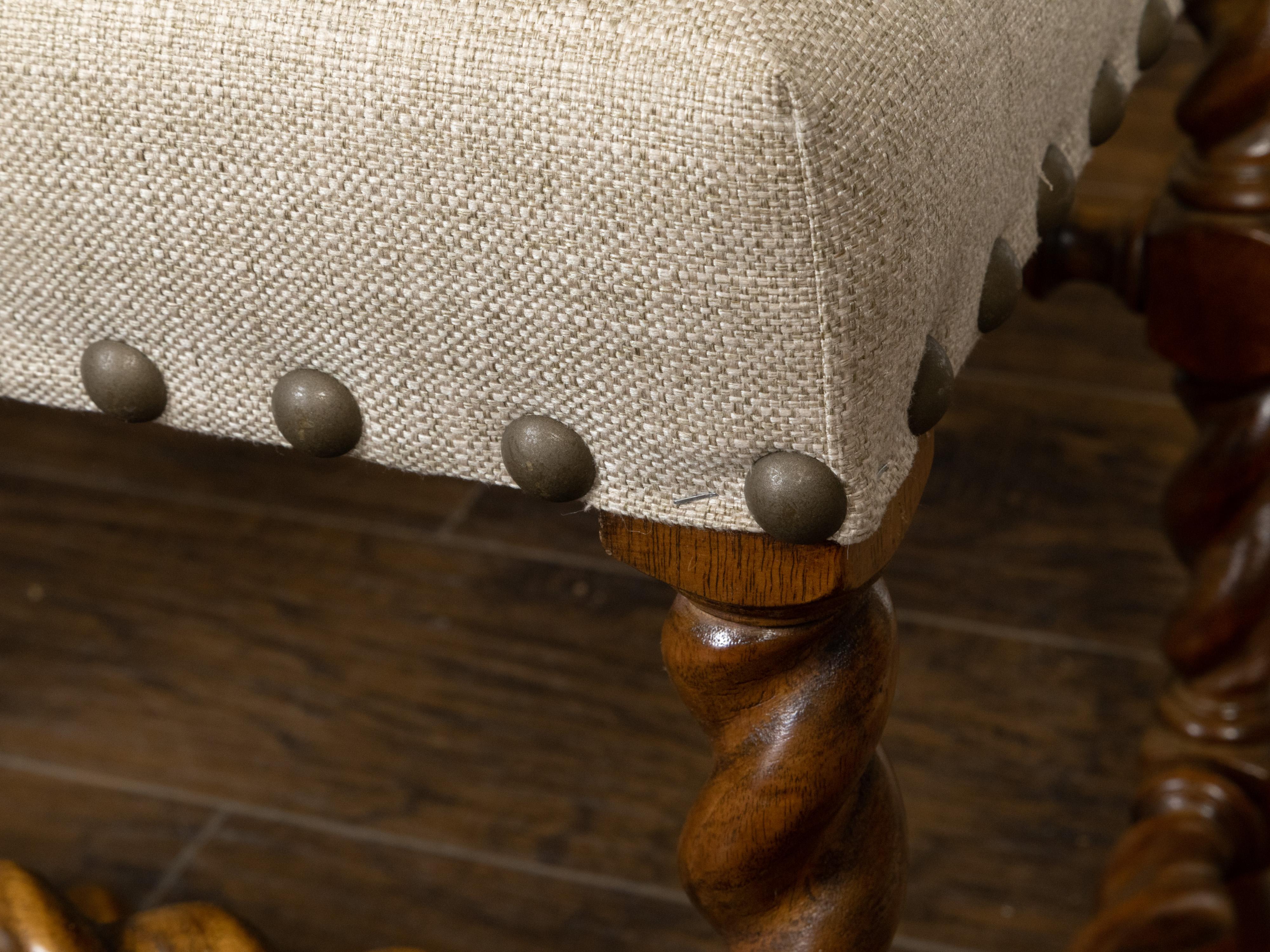 Pair of English 1920s Oak Barley Twist Stools with New Linen Upholstery 1