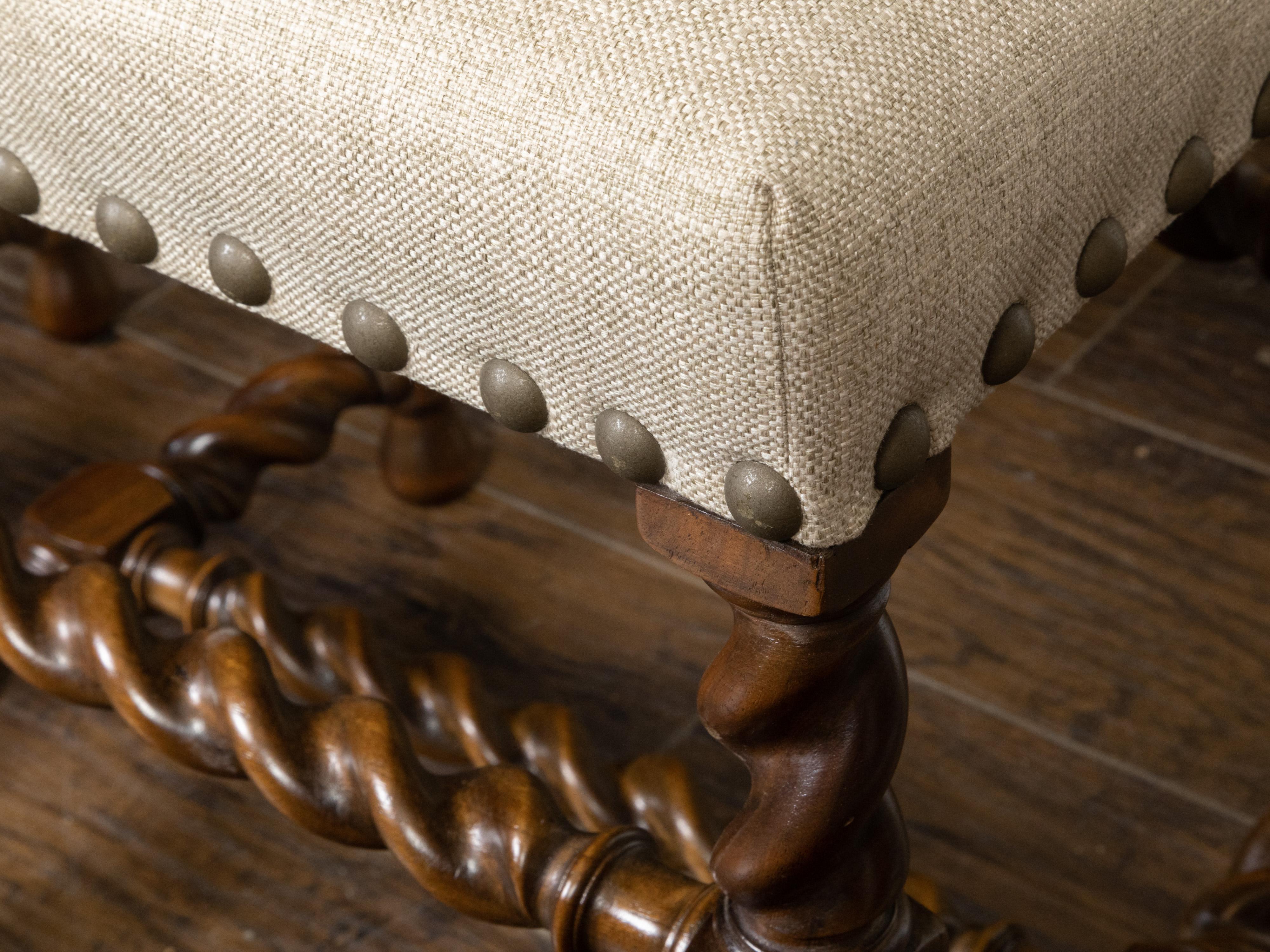Pair of English 1920s Oak Barley Twist Stools with New Linen Upholstery 3