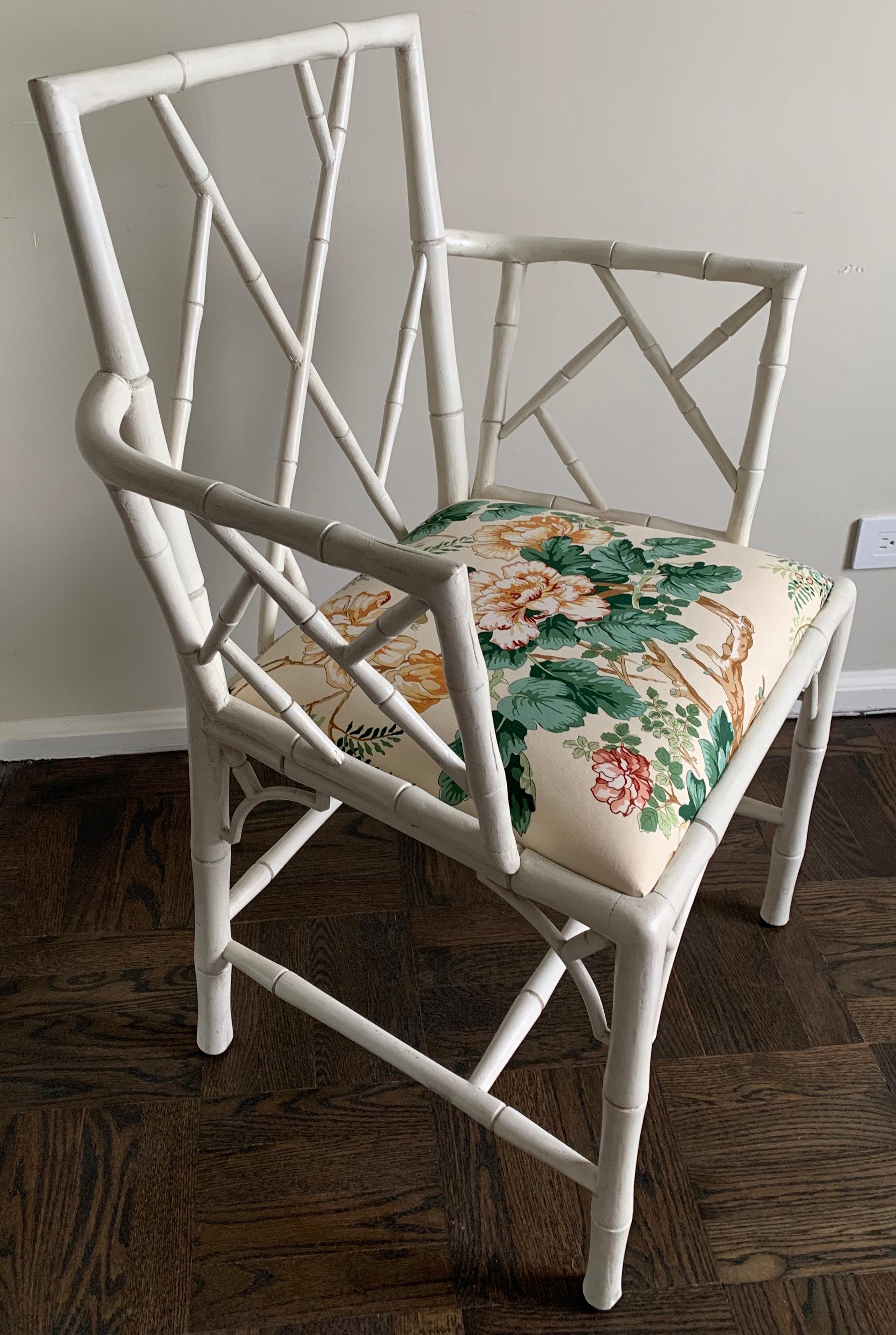 Pair of English 1940s Faux Bamboo White Armchairs In Excellent Condition In Stamford, CT