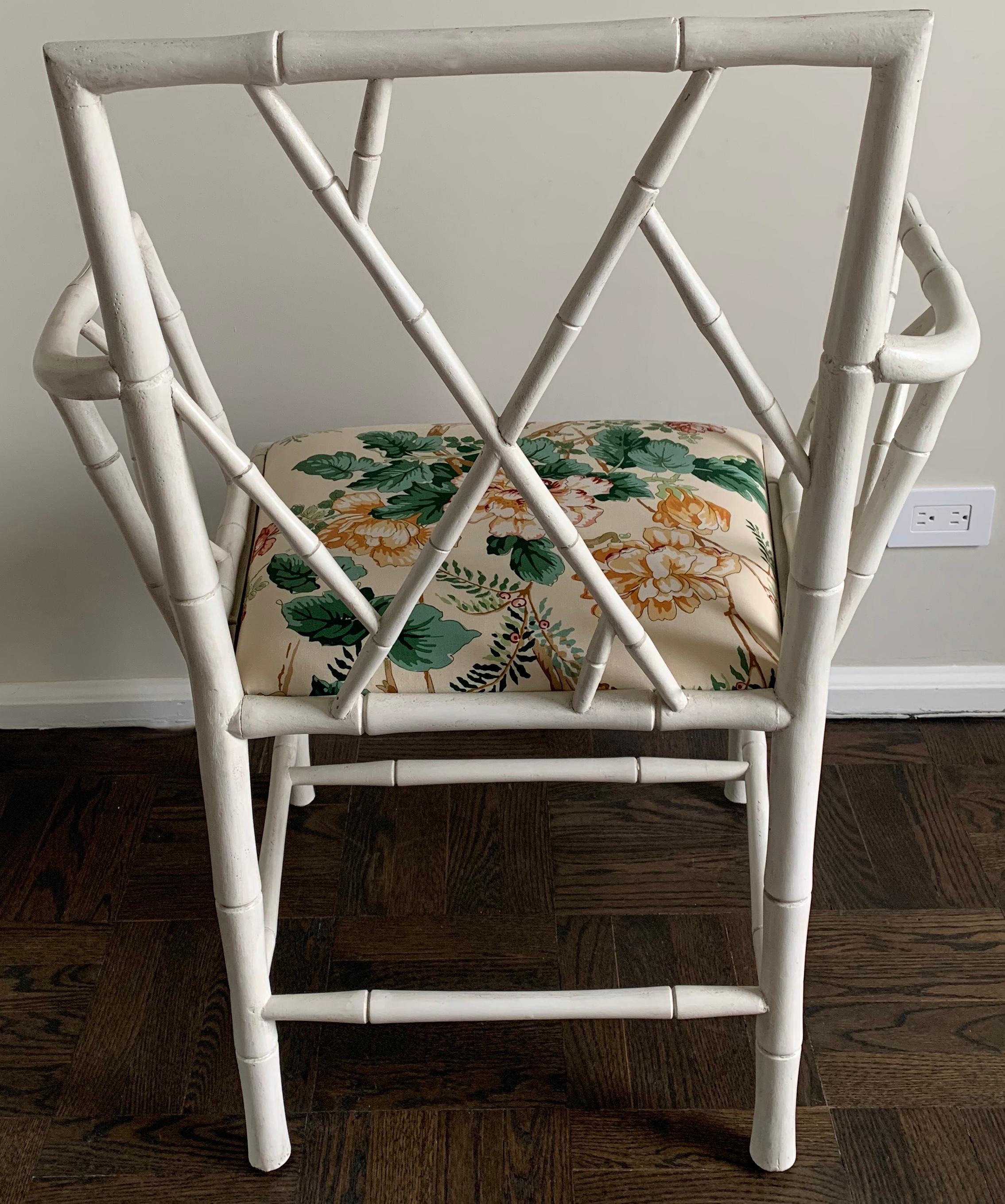 Pair of English 1940s Faux Bamboo White Armchairs 1