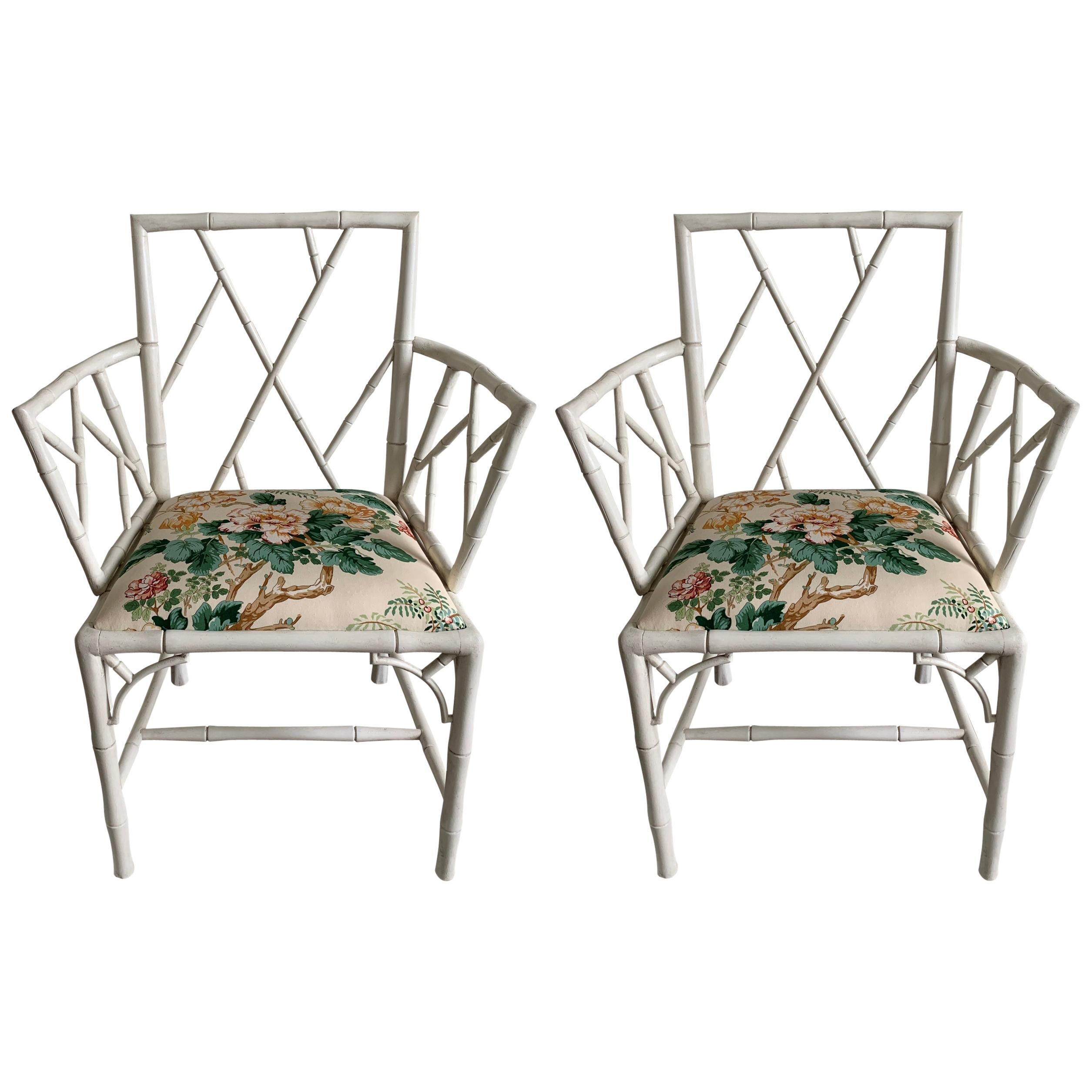 Pair of English 1940s Faux Bamboo White Armchairs