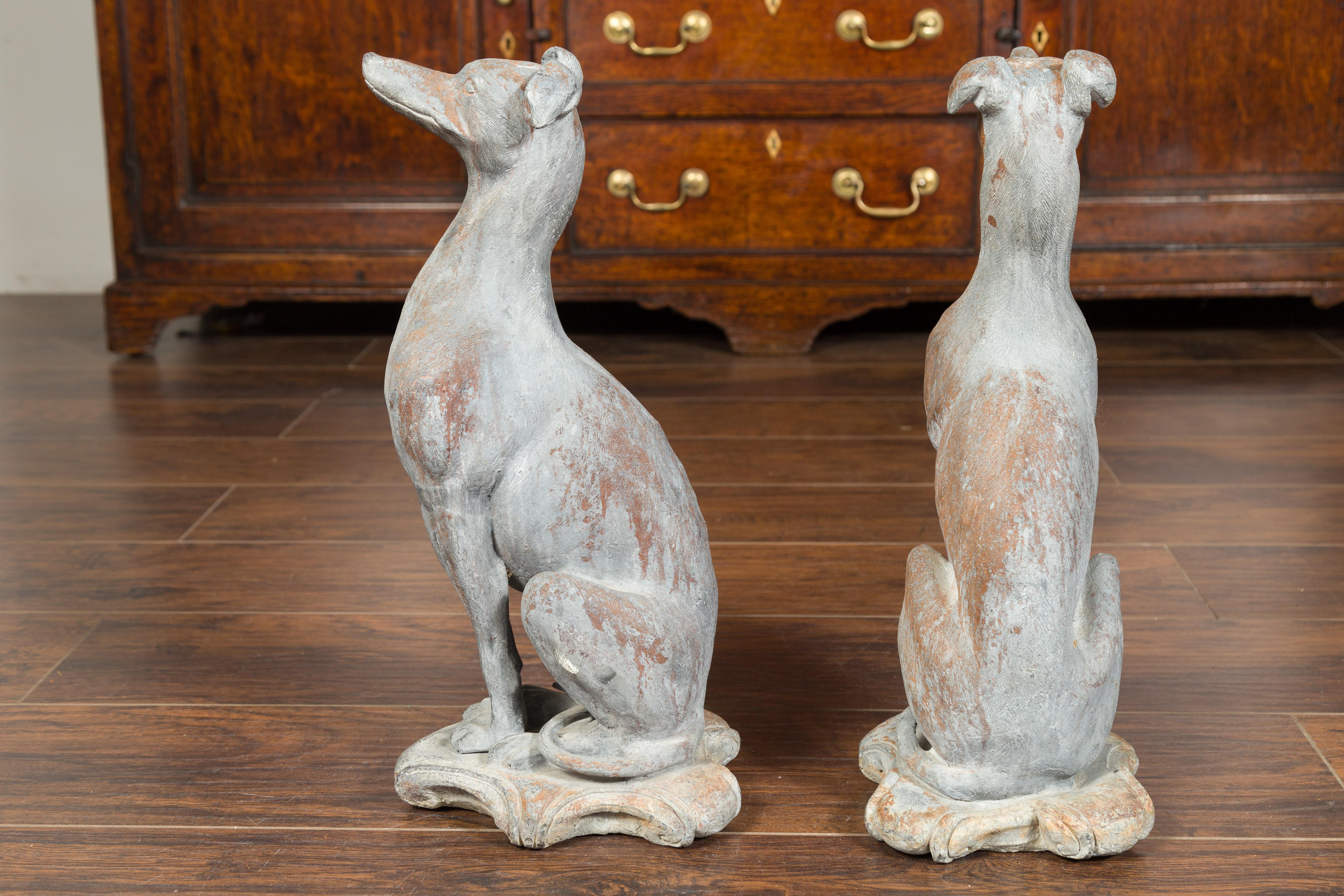 Pair of English 1940s Lead Whippet Dog Sculptures on Scrolling Cartouches 8