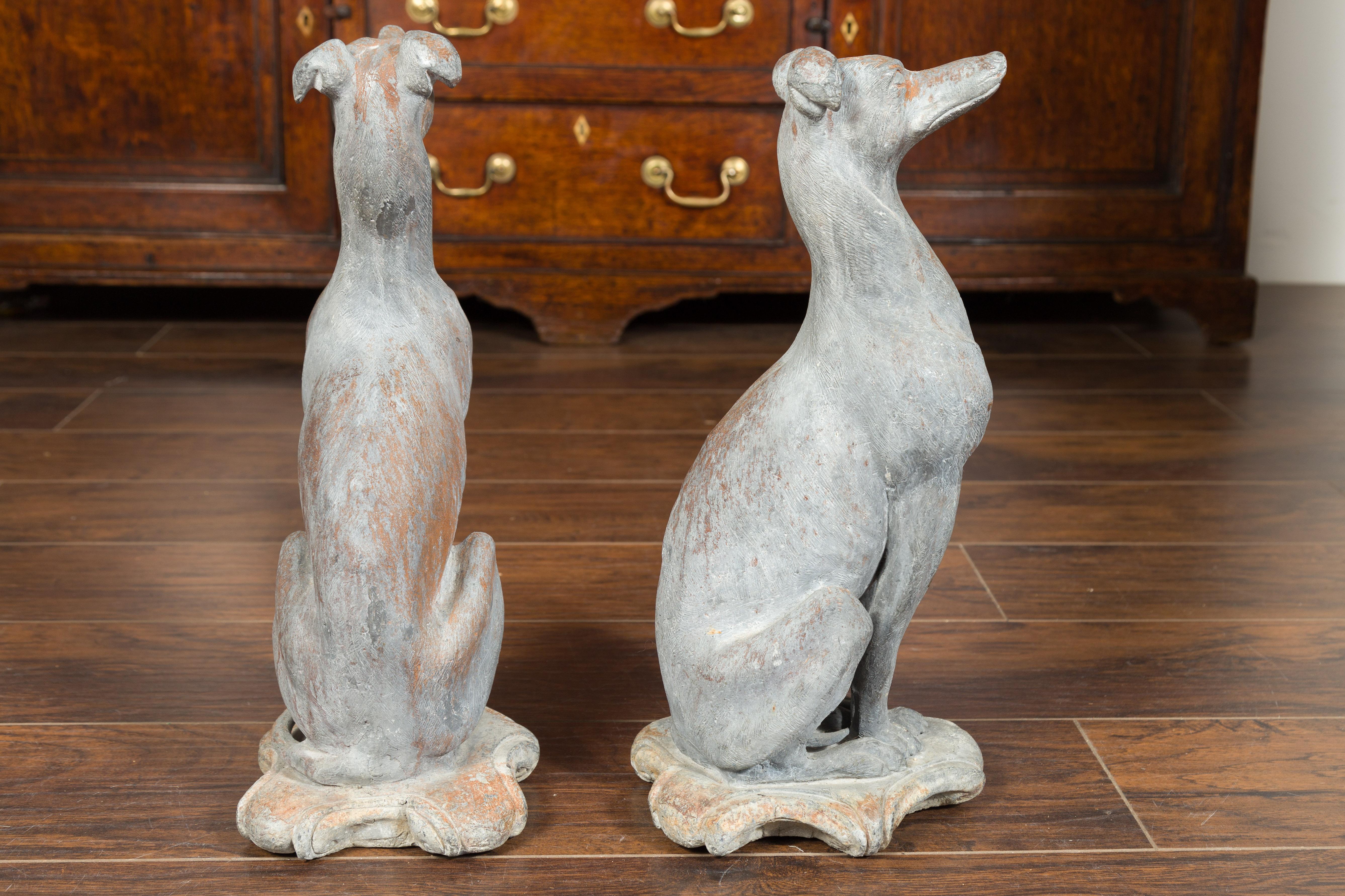 Pair of English 1940s Lead Whippet Dog Sculptures on Scrolling Cartouches 9