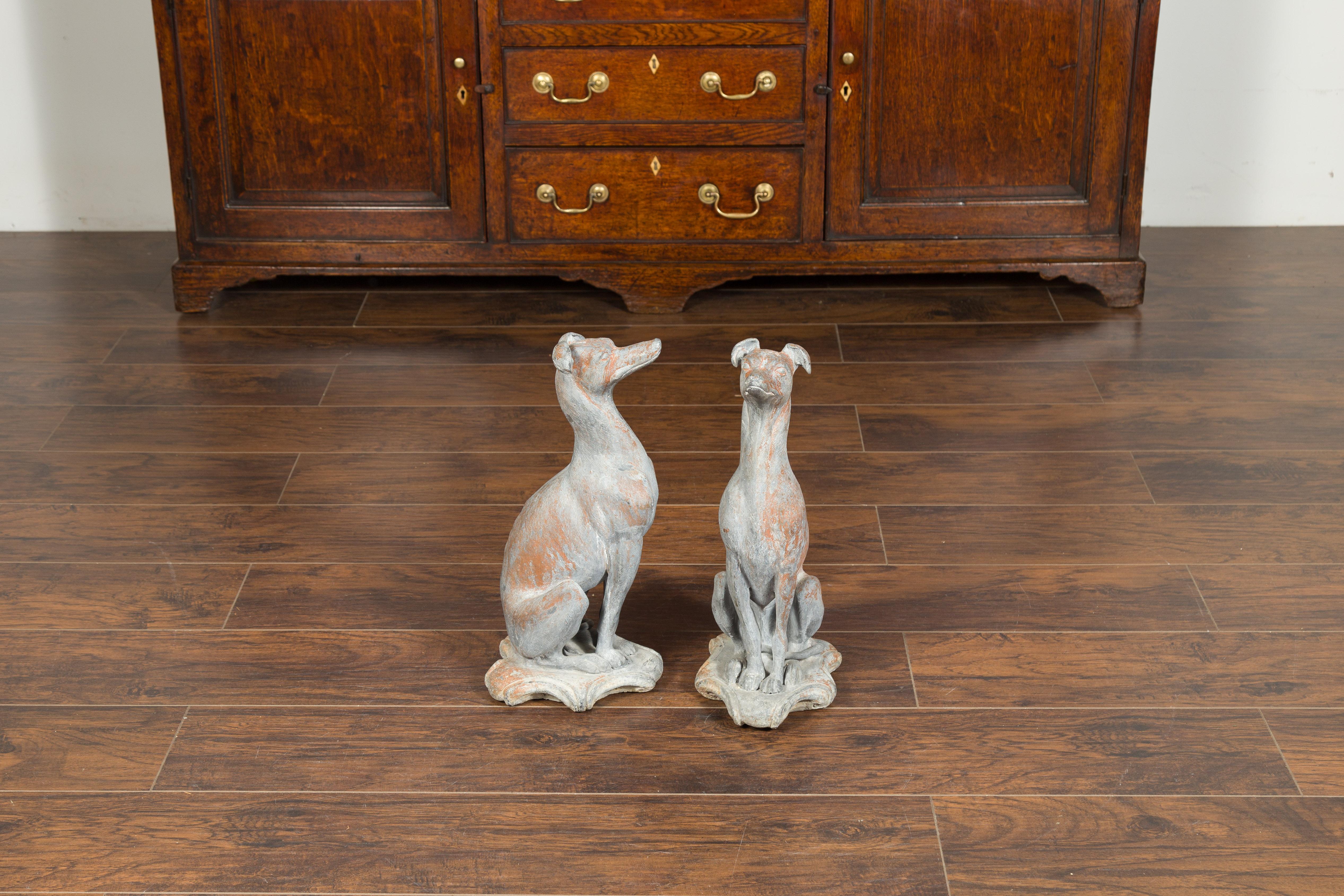 Pair of English 1940s Lead Whippet Dog Sculptures on Scrolling Cartouches 10