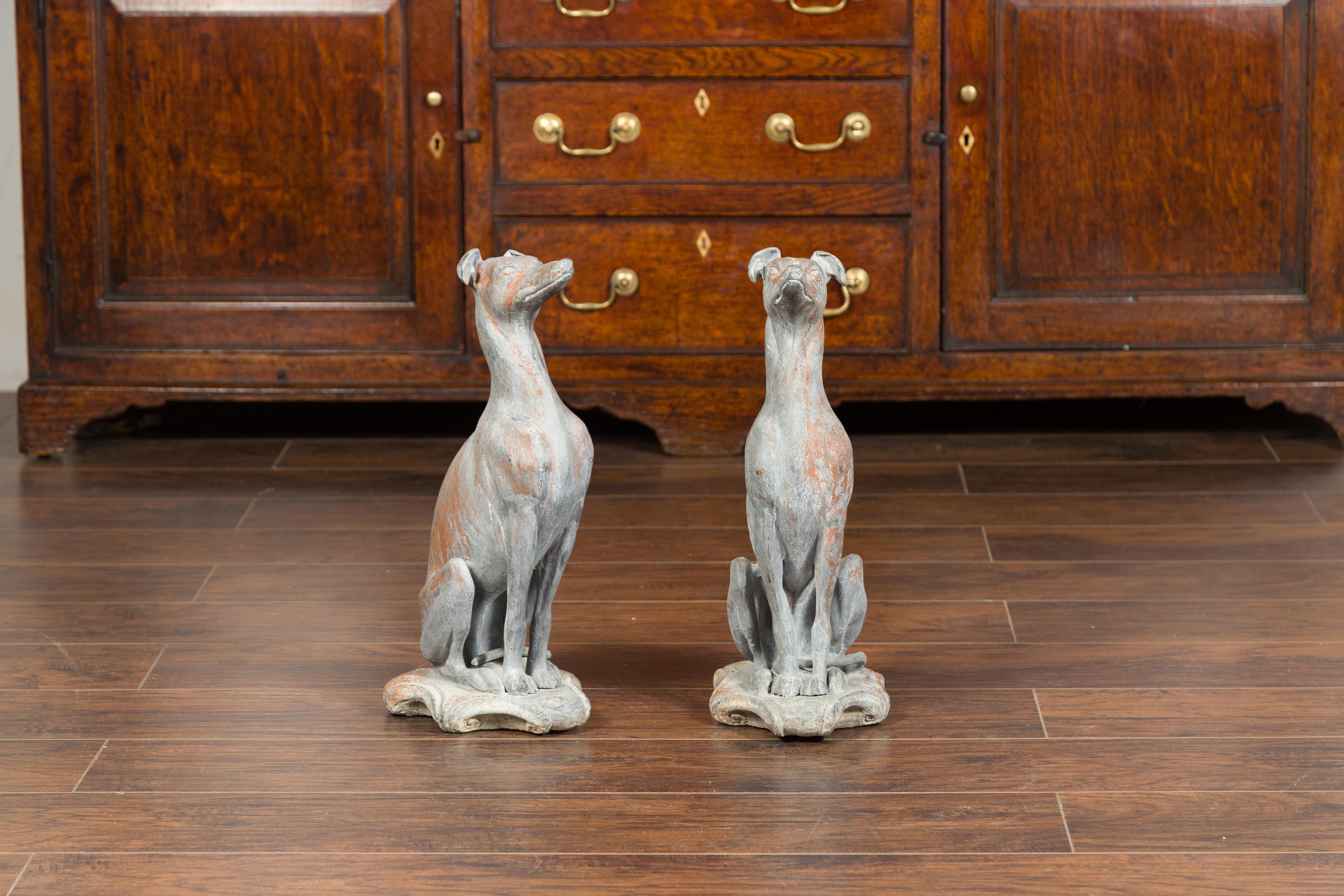 Pair of English 1940s Lead Whippet Dog Sculptures on Scrolling Cartouches In Good Condition In Atlanta, GA