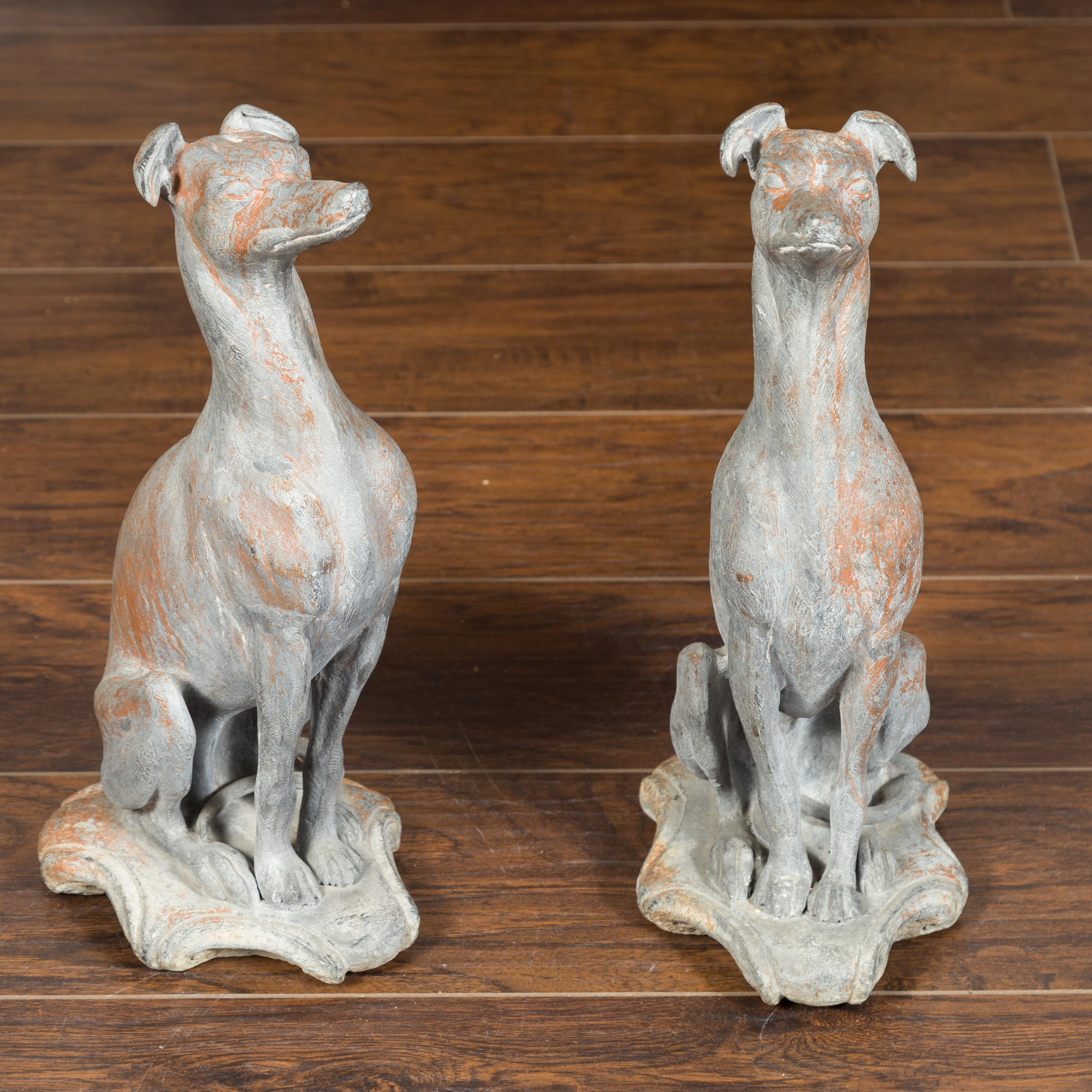 20th Century Pair of English 1940s Lead Whippet Dog Sculptures on Scrolling Cartouches