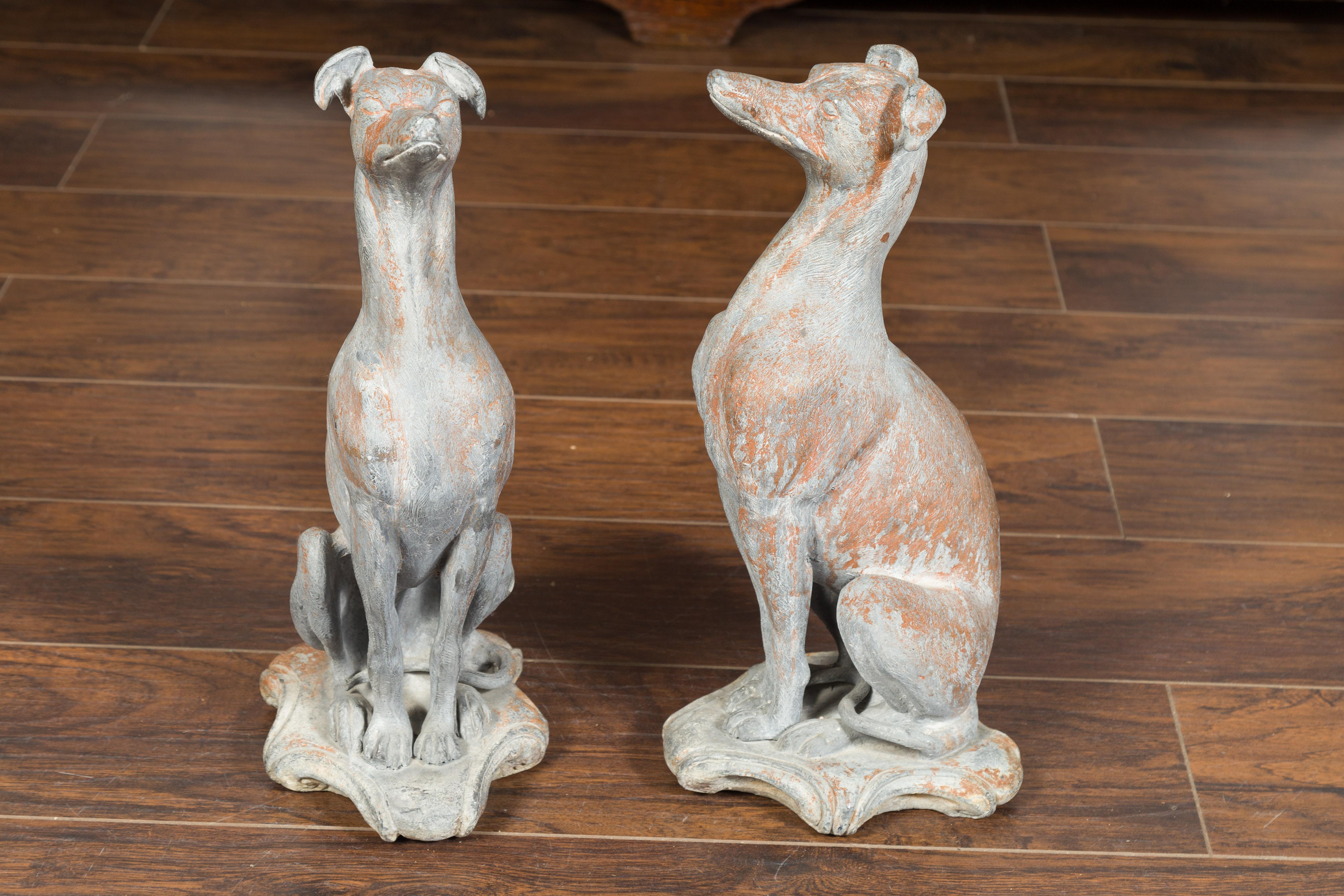 Pair of English 1940s Lead Whippet Dog Sculptures on Scrolling Cartouches 4