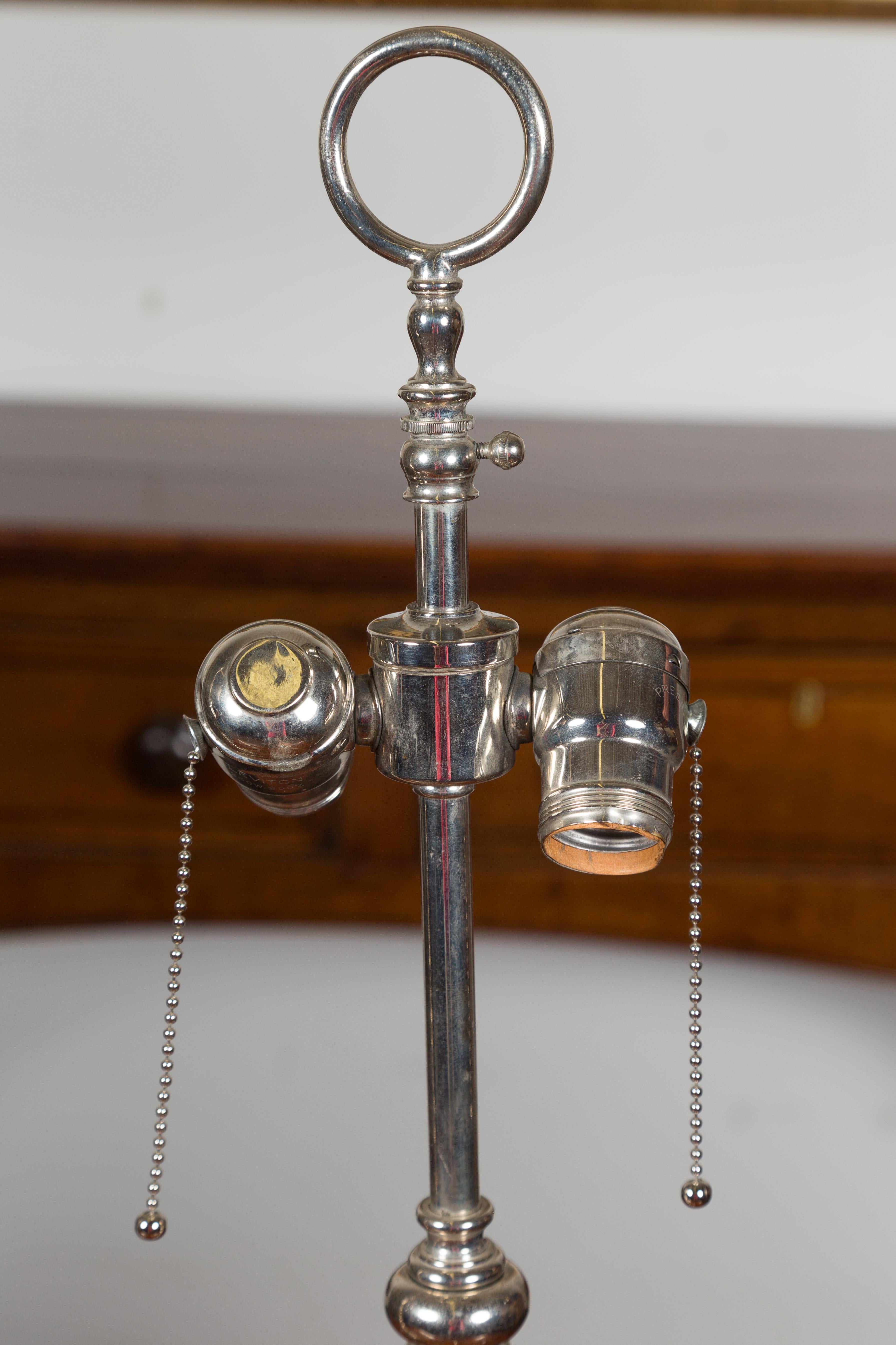 Silver Plate Pair of English 1940s Two-Light Silverplate Bobbin Lamps with Pierced Galleries For Sale