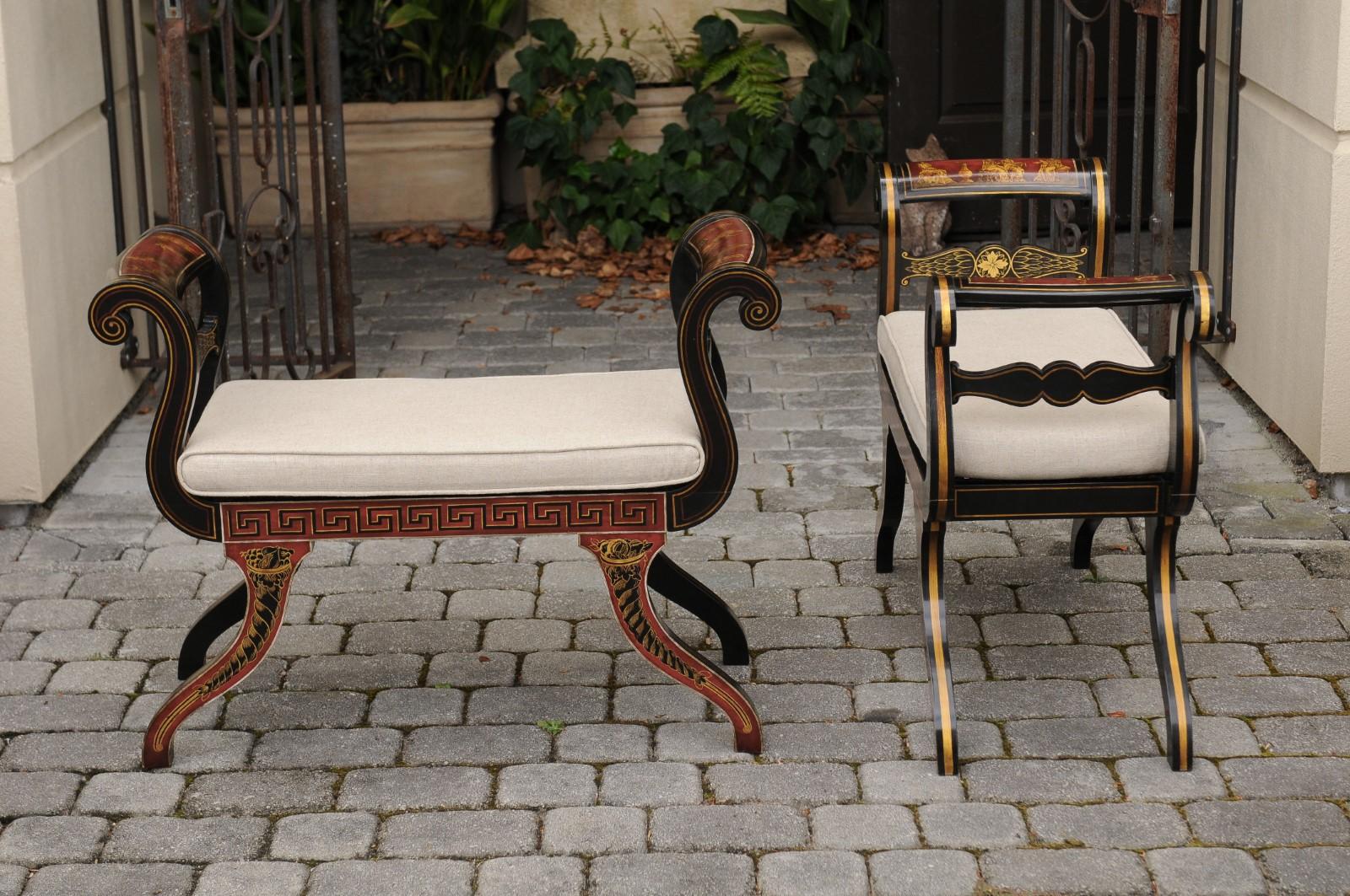 Pair of English 1950s Neoclassical Style Ebonized Benches with Antiquity Scenes 6