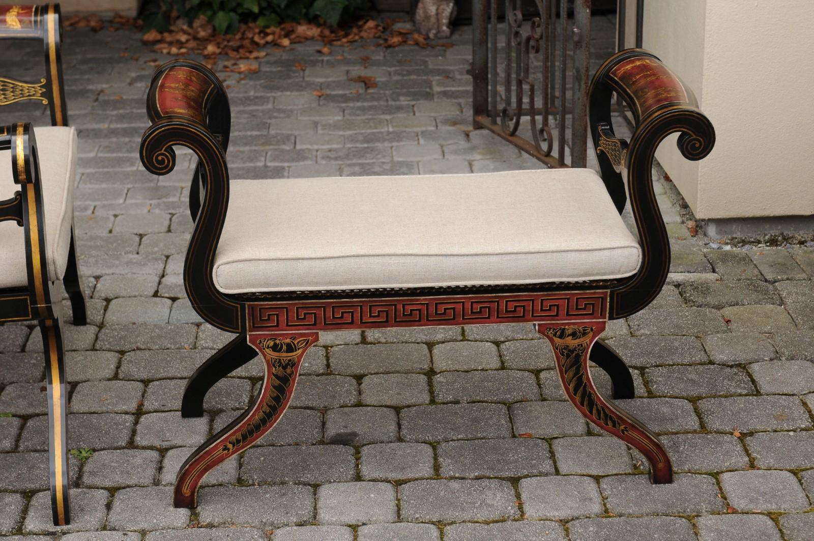 Pair of English 1950s Neoclassical Style Ebonized Benches with Antiquity Scenes In Good Condition In Atlanta, GA