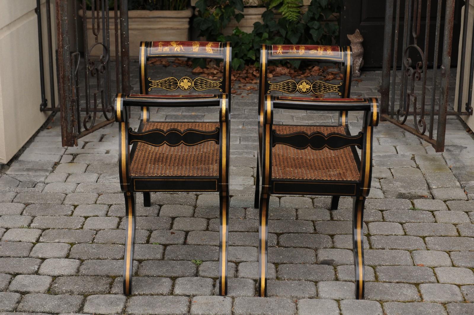 20th Century Pair of English 1950s Neoclassical Style Ebonized Benches with Antiquity Scenes