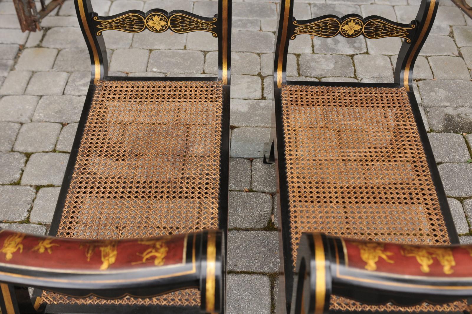 Upholstery Pair of English 1950s Neoclassical Style Ebonized Benches with Antiquity Scenes