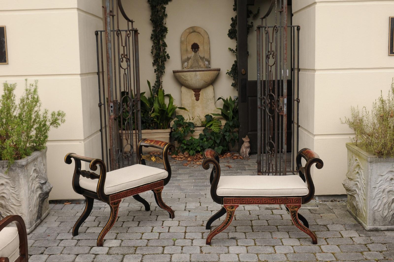 Pair of English 1950s Neoclassical Style Ebonized Benches with Antiquity Scenes 2