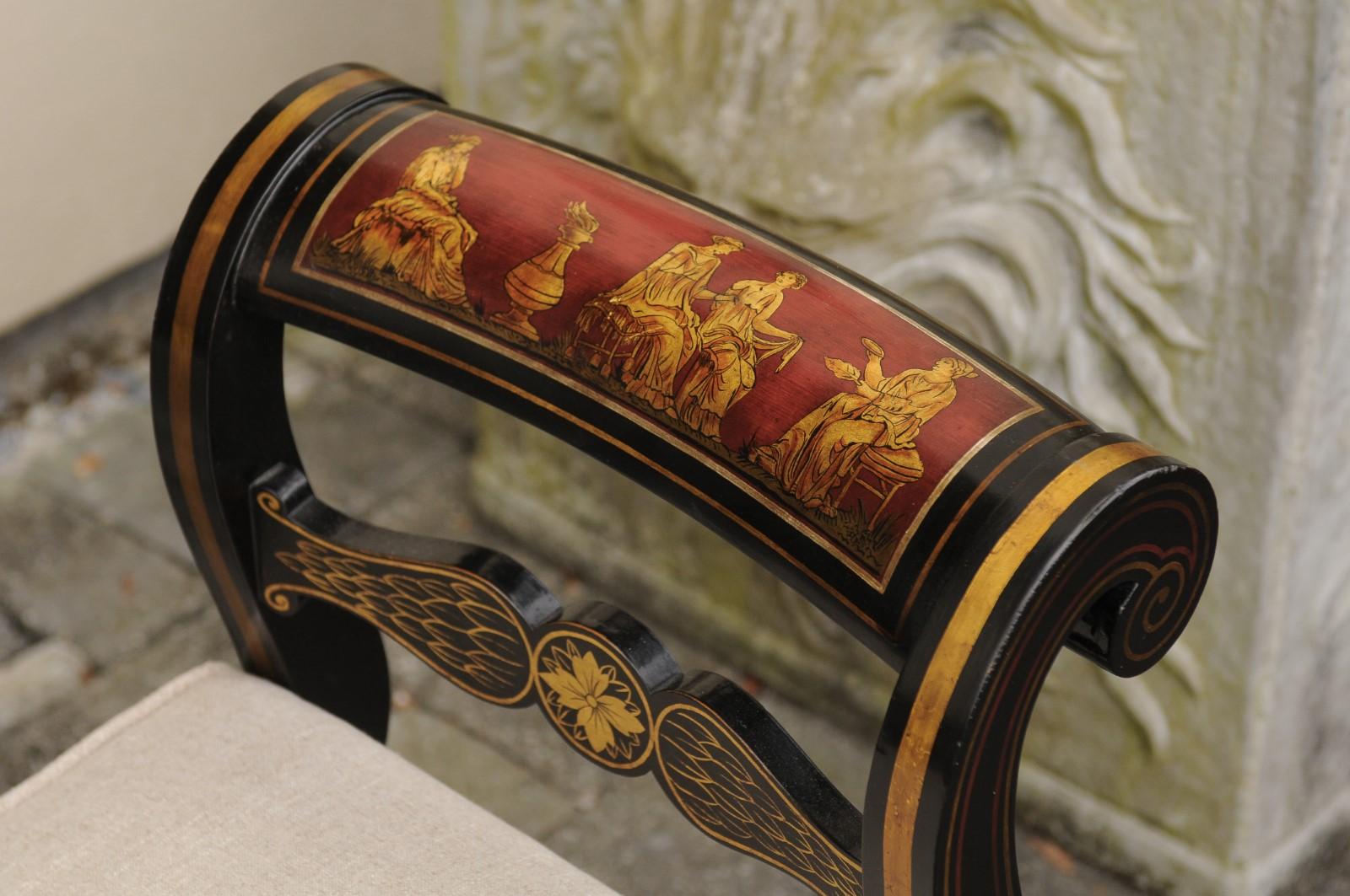 Pair of English 1950s Neoclassical Style Ebonized Benches with Antiquity Scenes 3