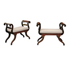Pair of English 1950s Neoclassical Style Ebonized Benches with Antiquity Scenes