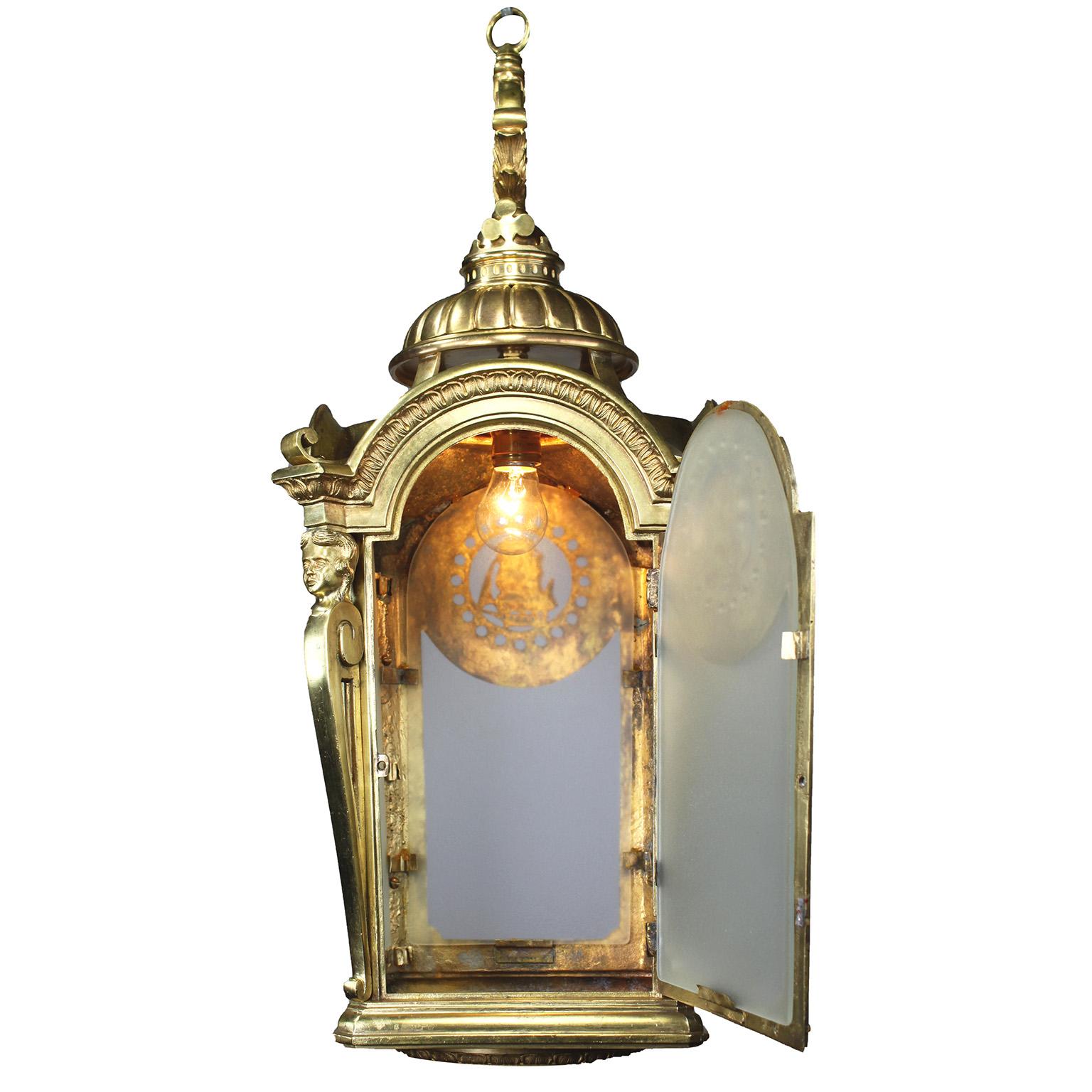 Early 20th Century Pair of English 19th-20th Century Gilt-Bronze Brig - Tall Ship Marine Lanterns For Sale
