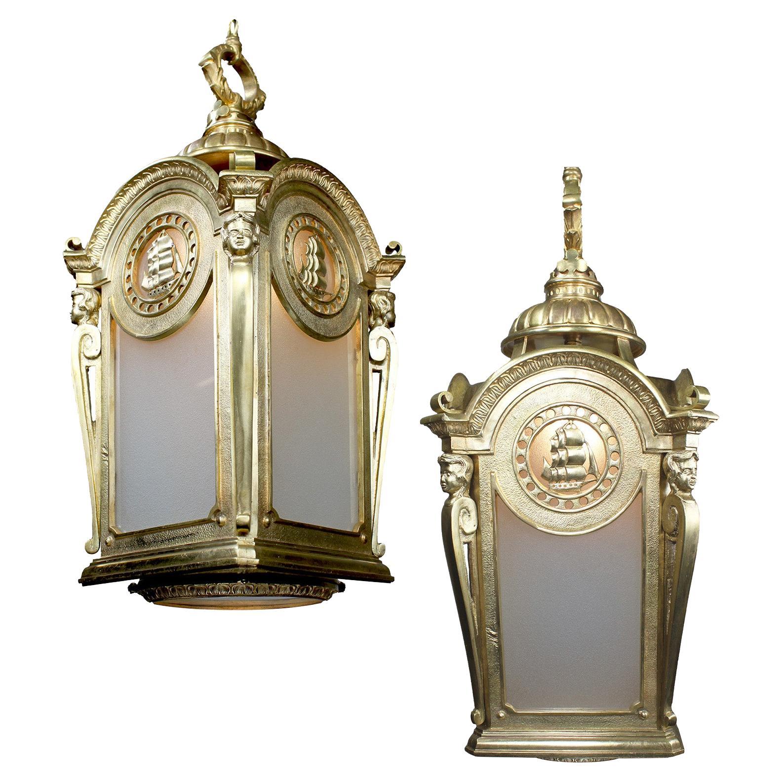 Pair of English 19th-20th Century Gilt-Bronze Brig - Tall Ship Marine Lanterns