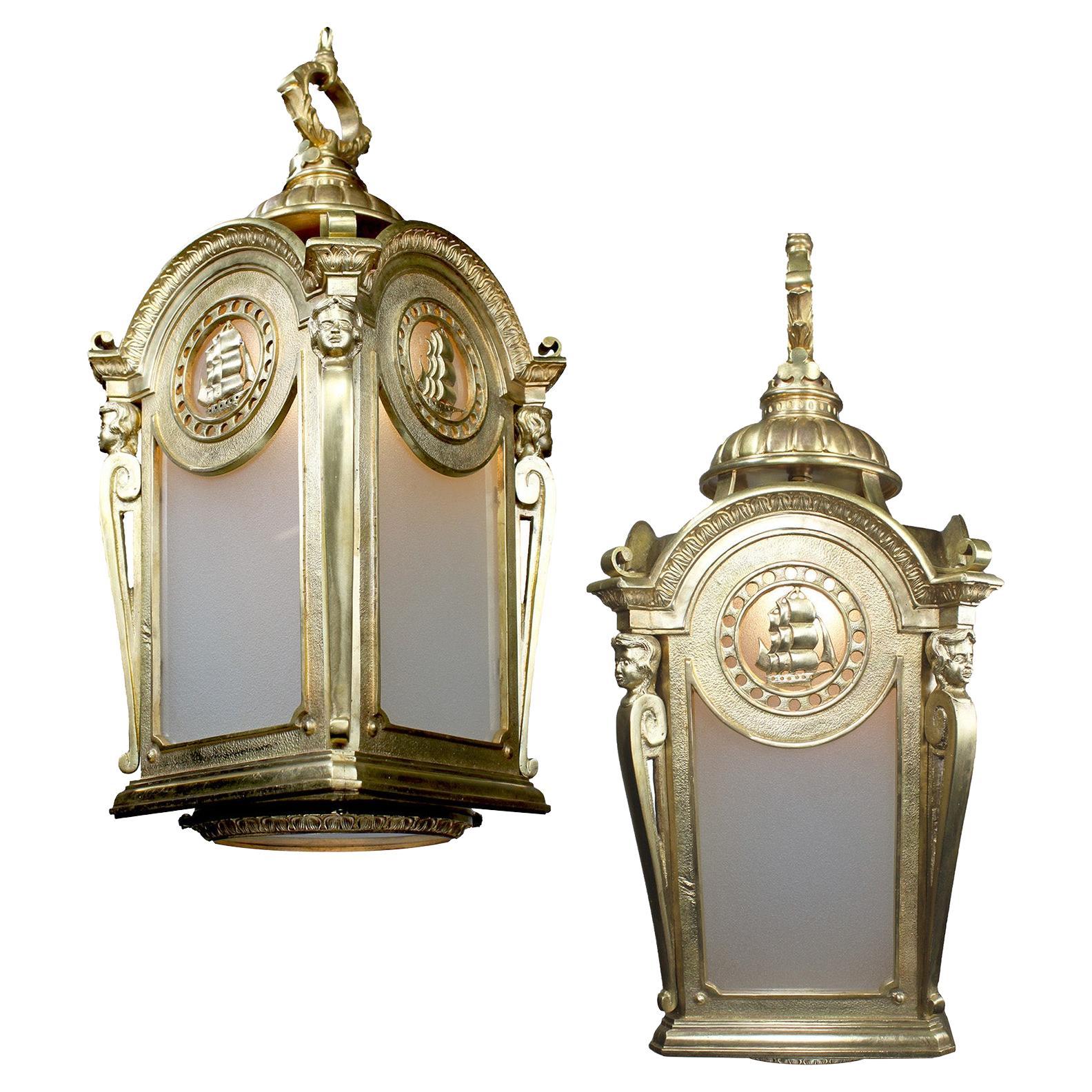 Pair of English 19th-20th Century Gilt-Bronze Brig - Tall Ship Marine Lanterns 