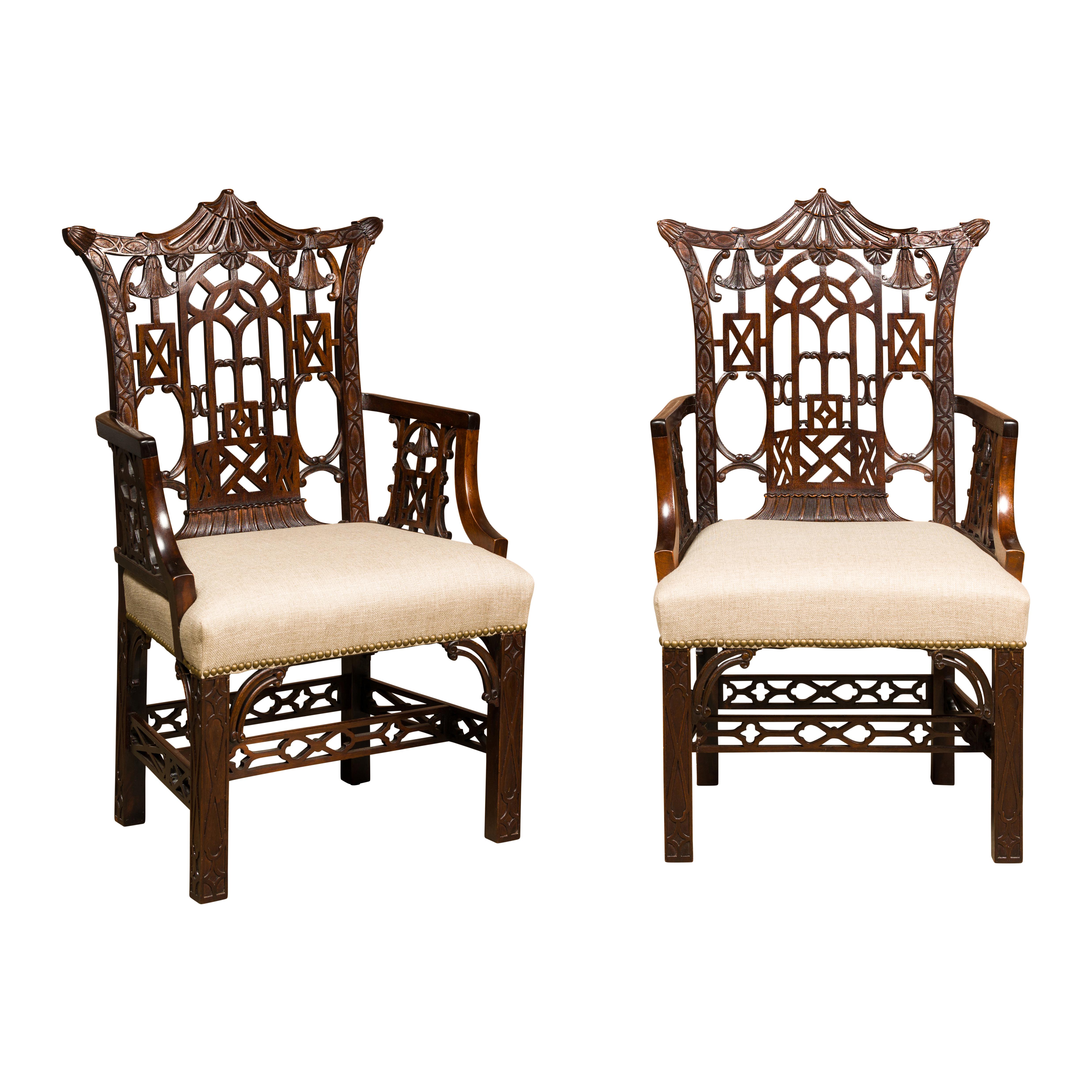 Pair of English 19th Century Chippendale Armchairs with Upholstered Seats For Sale 10