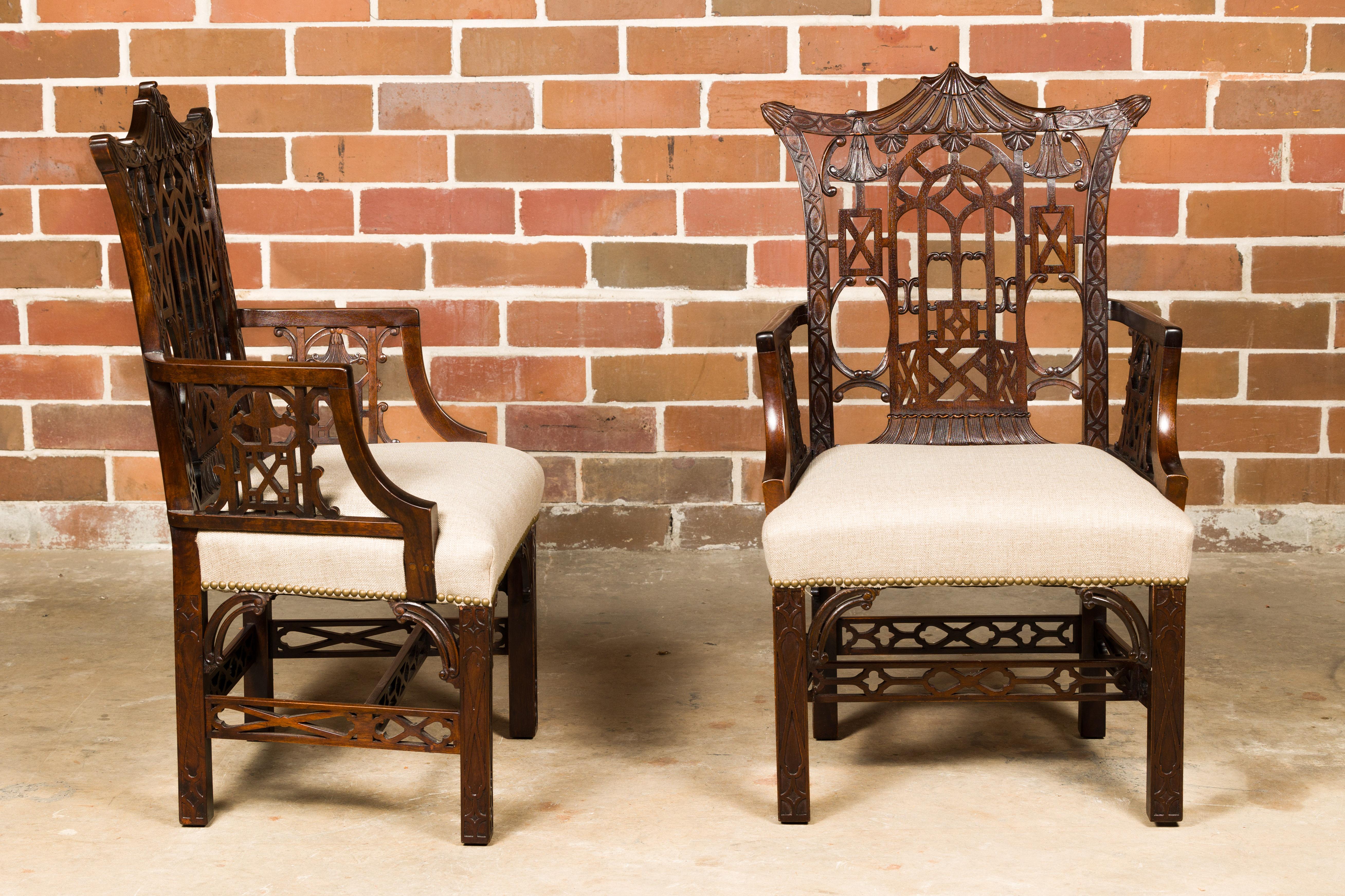 Carved Pair of English 19th Century Chippendale Armchairs with Upholstered Seats For Sale