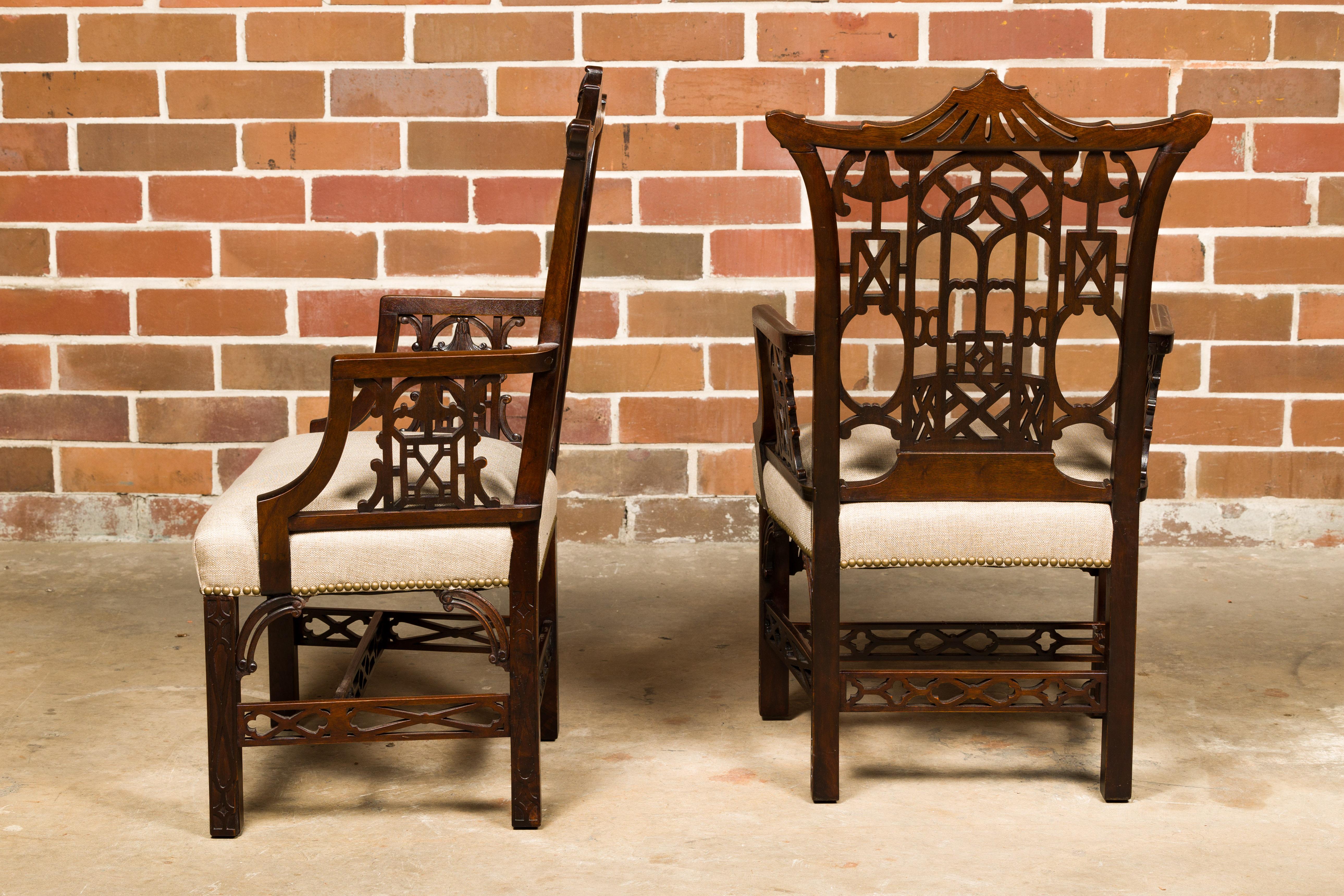 Wood Pair of English 19th Century Chippendale Armchairs with Upholstered Seats For Sale