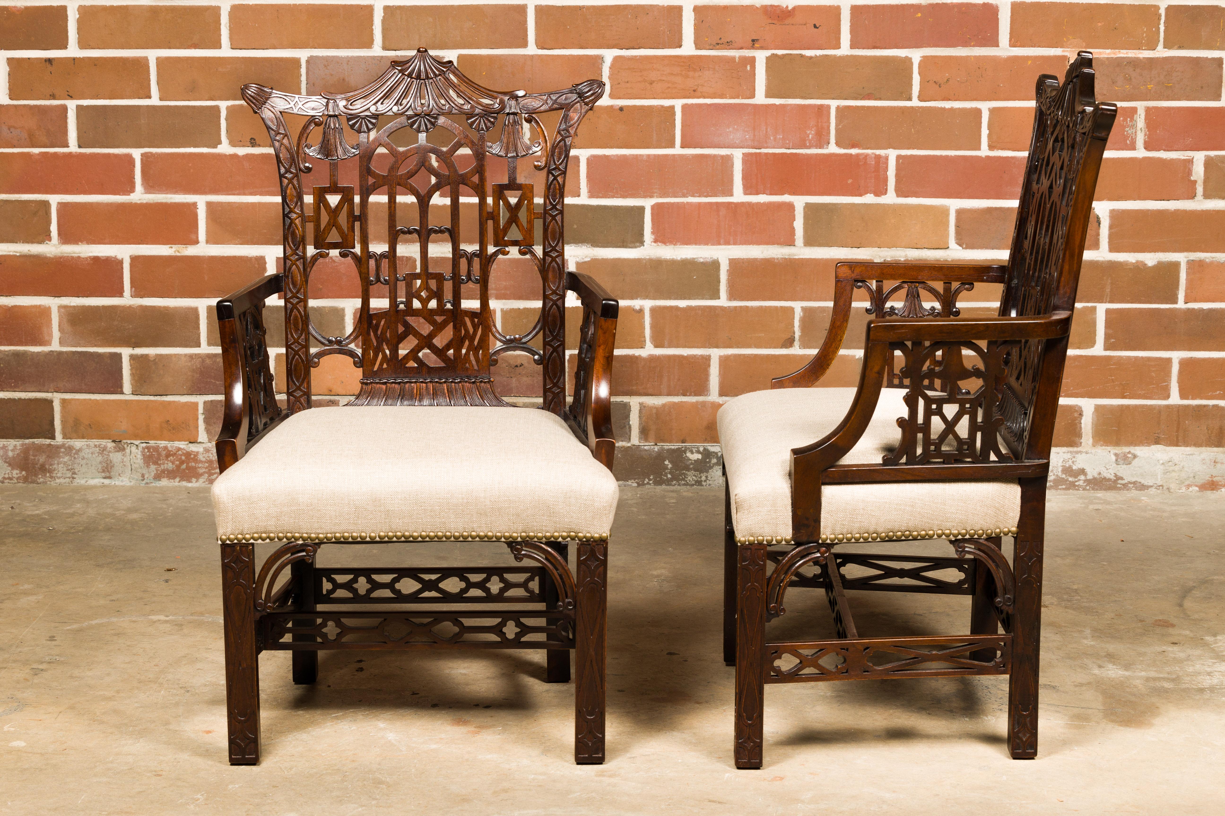 Pair of English 19th Century Chippendale Armchairs with Upholstered Seats For Sale 1